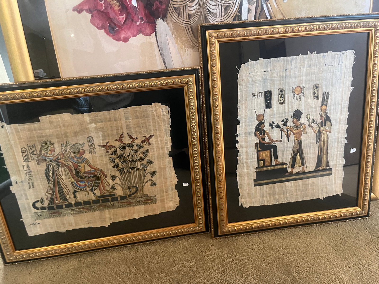 Pair of Framed Egyptian Papyrus Paintings, Hand‑Painted Deity & Royal Scenes (1 of 3)