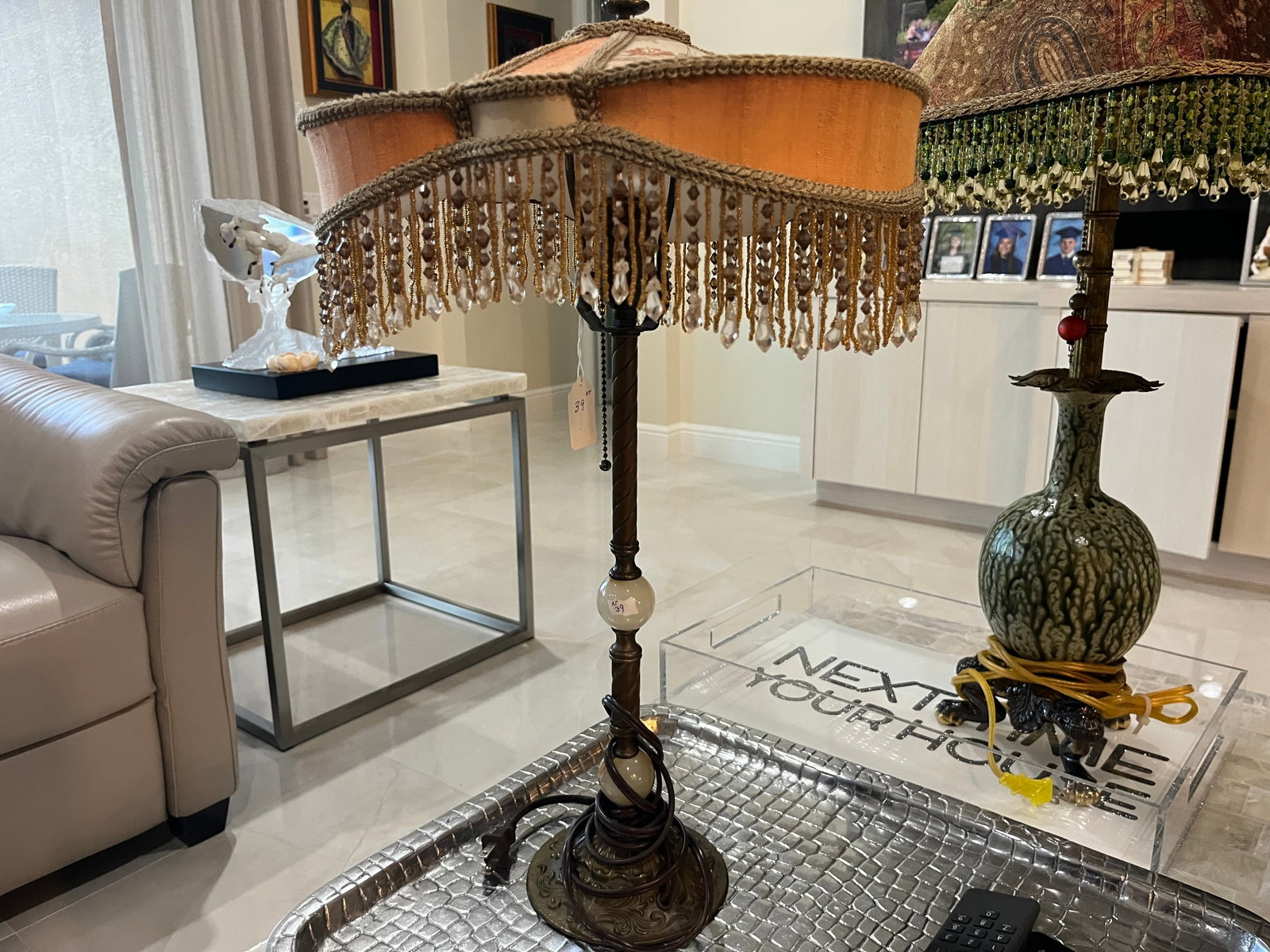 Antique Bronze & Alabaster Table Lamp with Custom Shade, c.1920 (1 of 3)