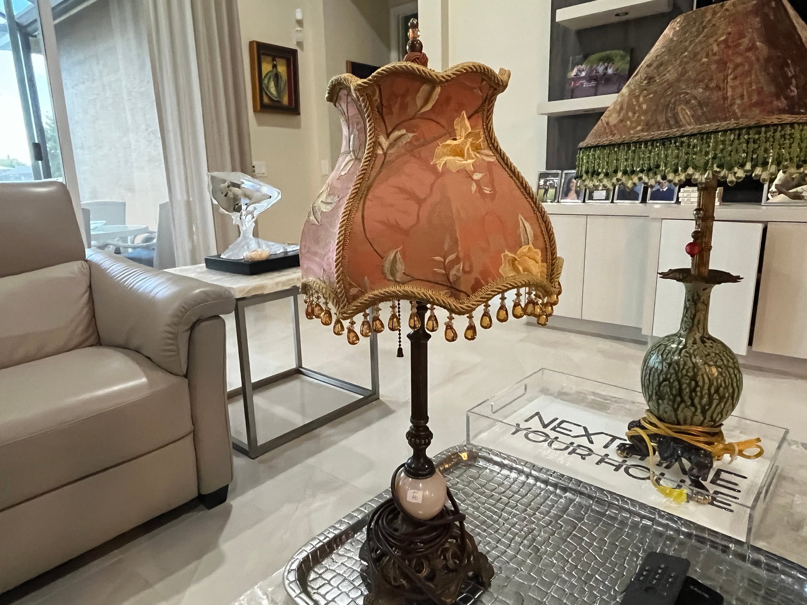 Bronze & Alabaster Table Lamp with Custom Embroidered Shade, c.1920 (1 of 5)