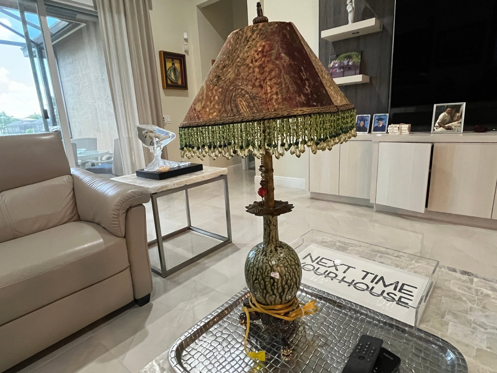 Large Bronze & Glazed Ceramic Table Lamp with Custom Velvet Shade, c.1920 (1 of 6)