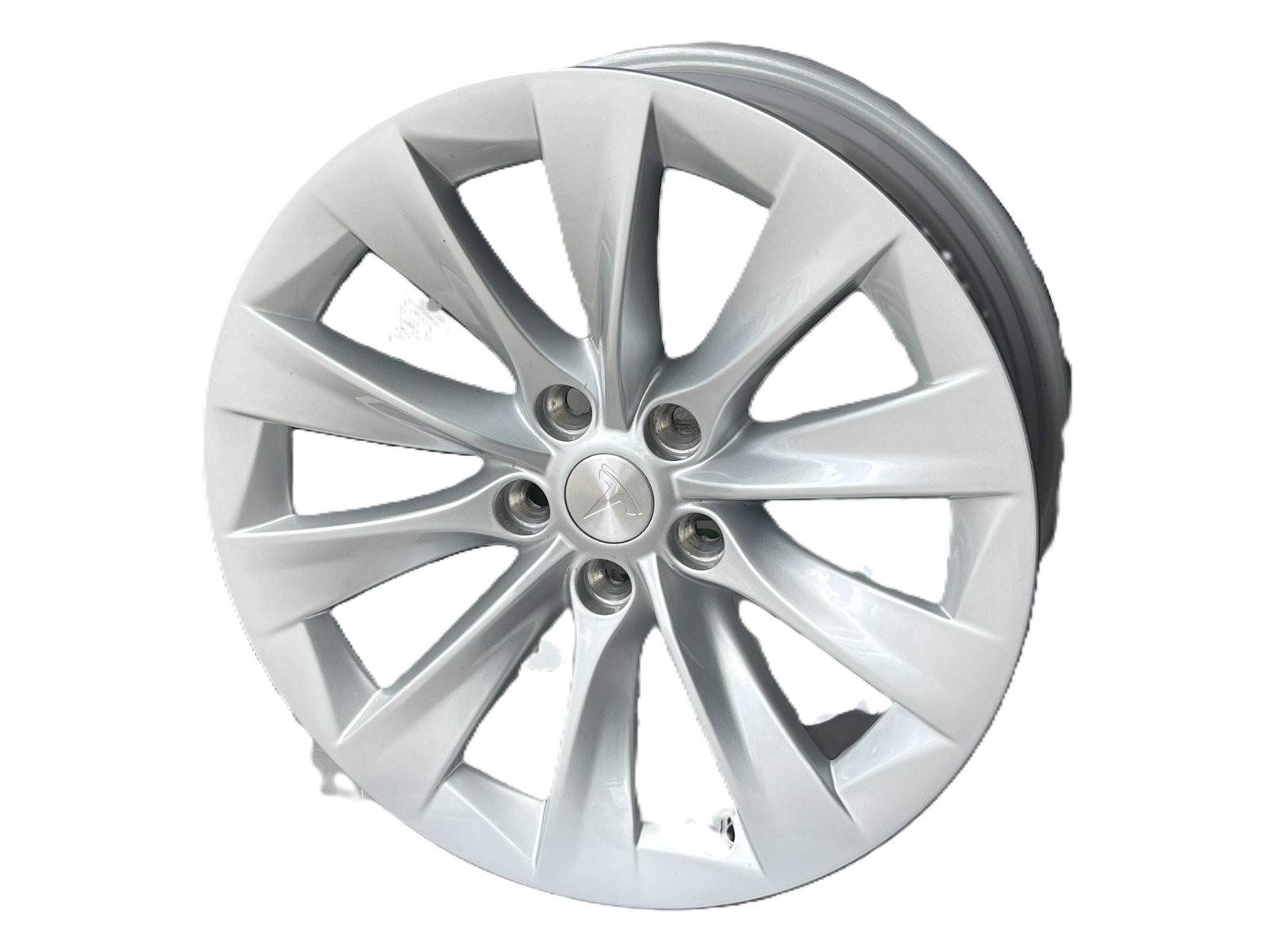 Set of Four Tesla OEM Alloy Wheel Rims, 19 x 8.5 In., Less Than 100 Miles: Set of four genuine Tesla OEM alloy wheel rims measuring 19 x 8.5 inches. Factory Tesla wheels removed with fewer than 100 miles of use, showing minimal wear consistent with near-new condition. Modern