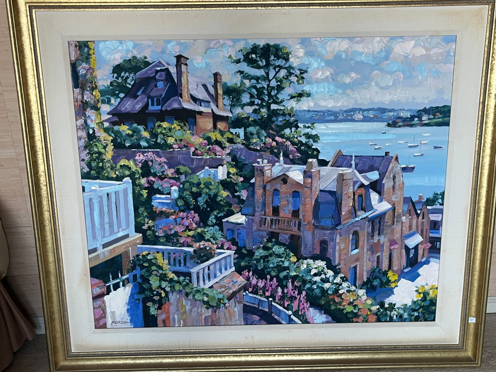 Berkens (20th C.) Limited‑Edition Lithograph “Coastal Villas,” 2/70, Signed & (1 of 3)