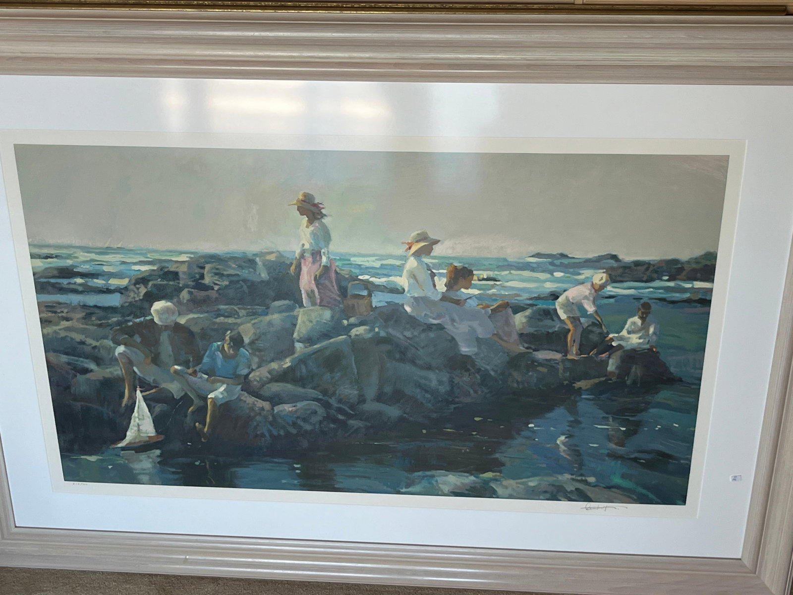 Ken Knight, “Coastal Leisure,” Limited‑Edition Lithograph 252/300, Signed LR: Attractive limited‑edition lithograph titled “Coastal Leisure,” numbered 252/300 and signed LR by Ken Knight. The composition depicts relaxed coastal figures positioned along sunlit 