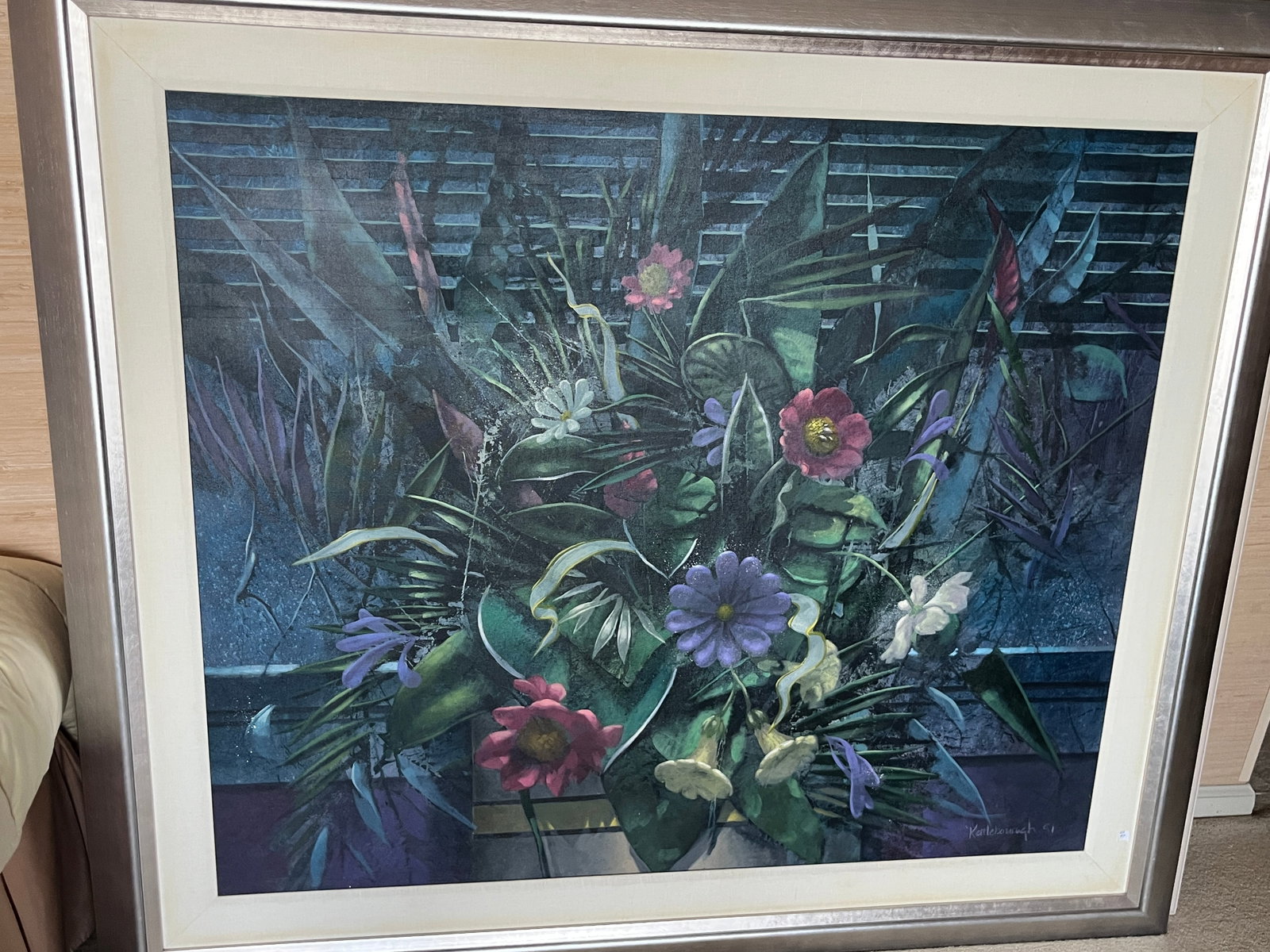 Kettleborough (1991) Oil on Canvas Floral Still Life: A vibrant 1991 oil on canvas floral still life by Kettleborough, featuring a lush arrangement of tropical blooms set against a cool, shadowed interior backdrop. Signed lower right. 39h x 47w