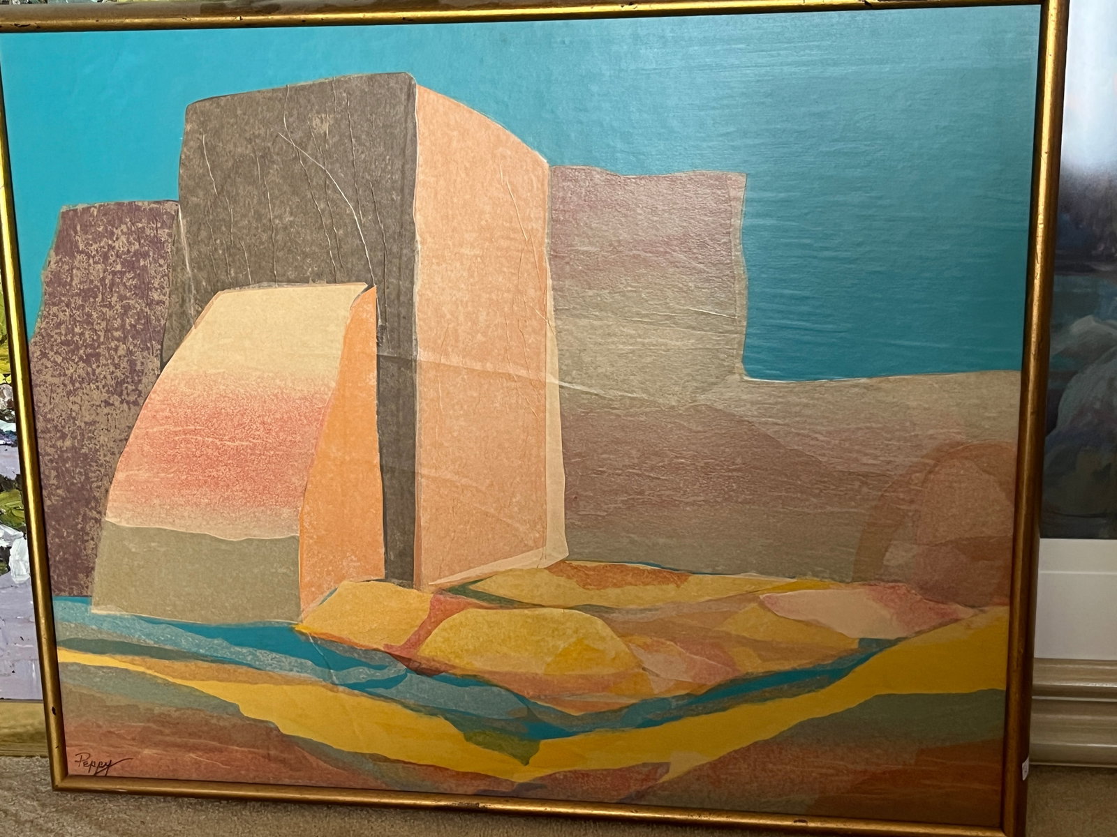 Peppy Woodard “Ranchos de Taos Church IV,” Mixed Media on Panel, Signed LL, 24 ×30: Modernist depiction of the historic adobe church at Ranchos de Taos, executed in layered mixed media on panel. Woodard’s geometric abstraction captures the monumentality and warm tonal contrasts