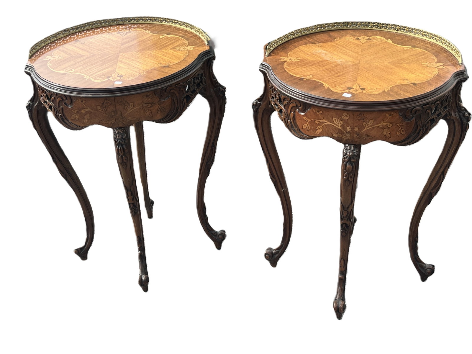 Pair VTG French Inlay Carved Walnut Side Tables (1 of 6)