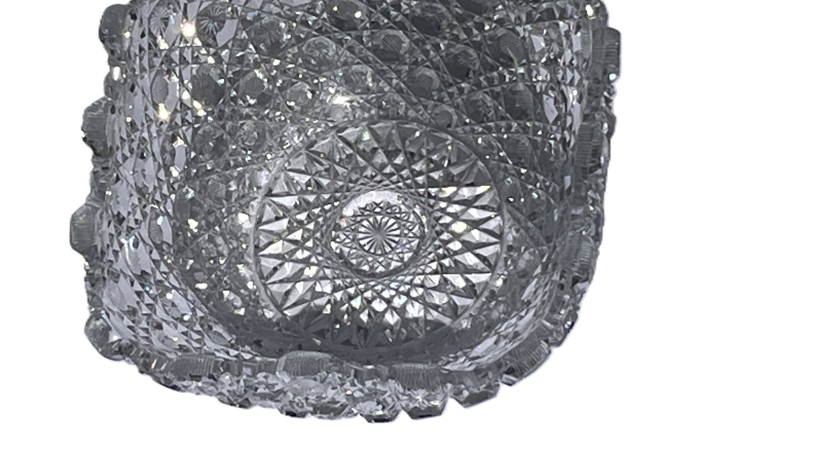 Cut Crystal Square Bowl, 8": Square cut 4.5h x 8sq. crystal bowl featuring intricate geometric and starburst motifs with cross-hatched panels and scalloped rim. The precision cutting and high clarity suggest late American Brillia