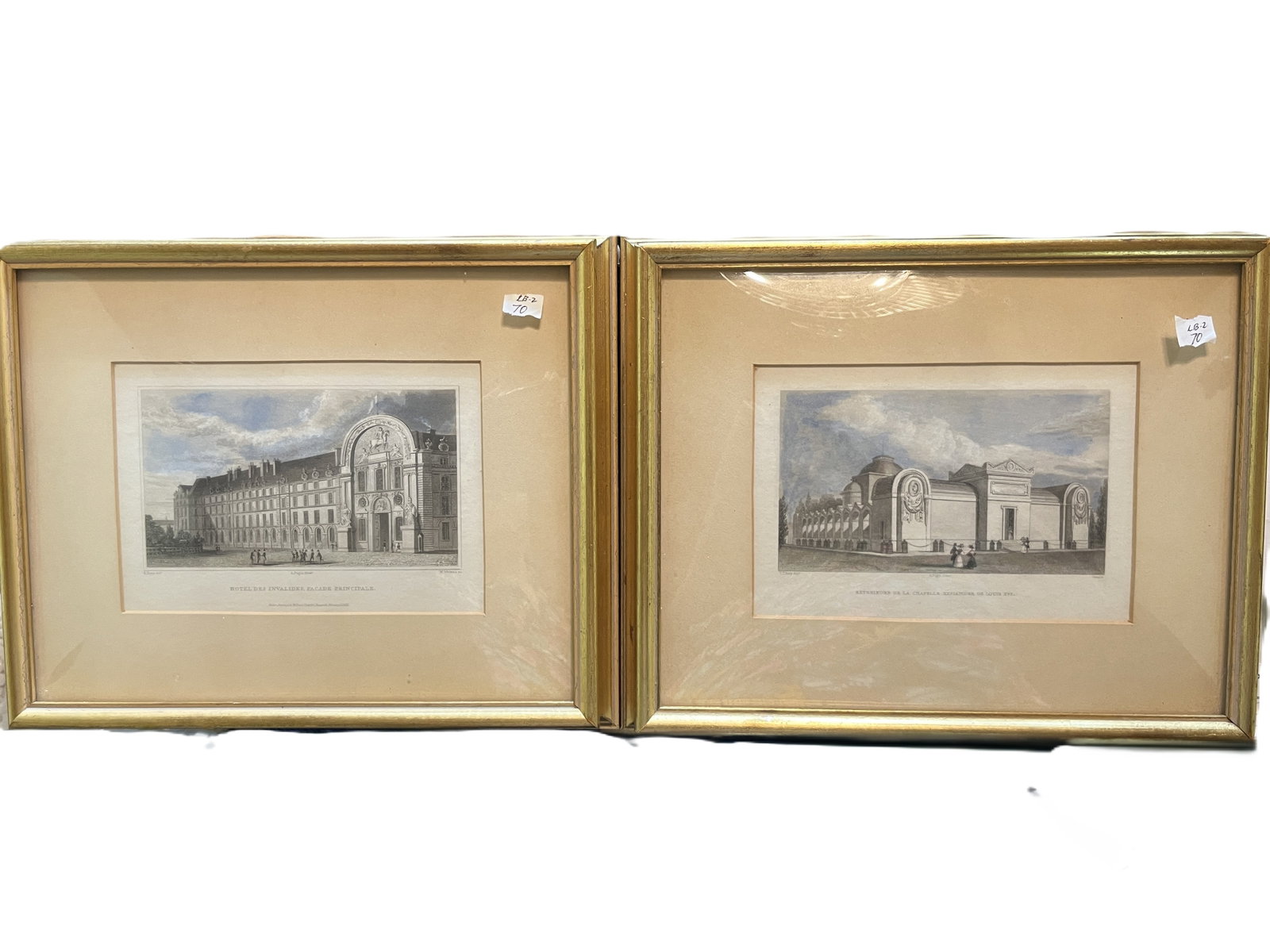 Pair of Hand-Colored Architectural Engravings — Paris Monuments: Pair of finely detailed architectural engravings, each hand-colored and mounted under cream mats in gilt wood frames. Left: Hôtel des Invalides, Façade Principale — engraved by W. Wall