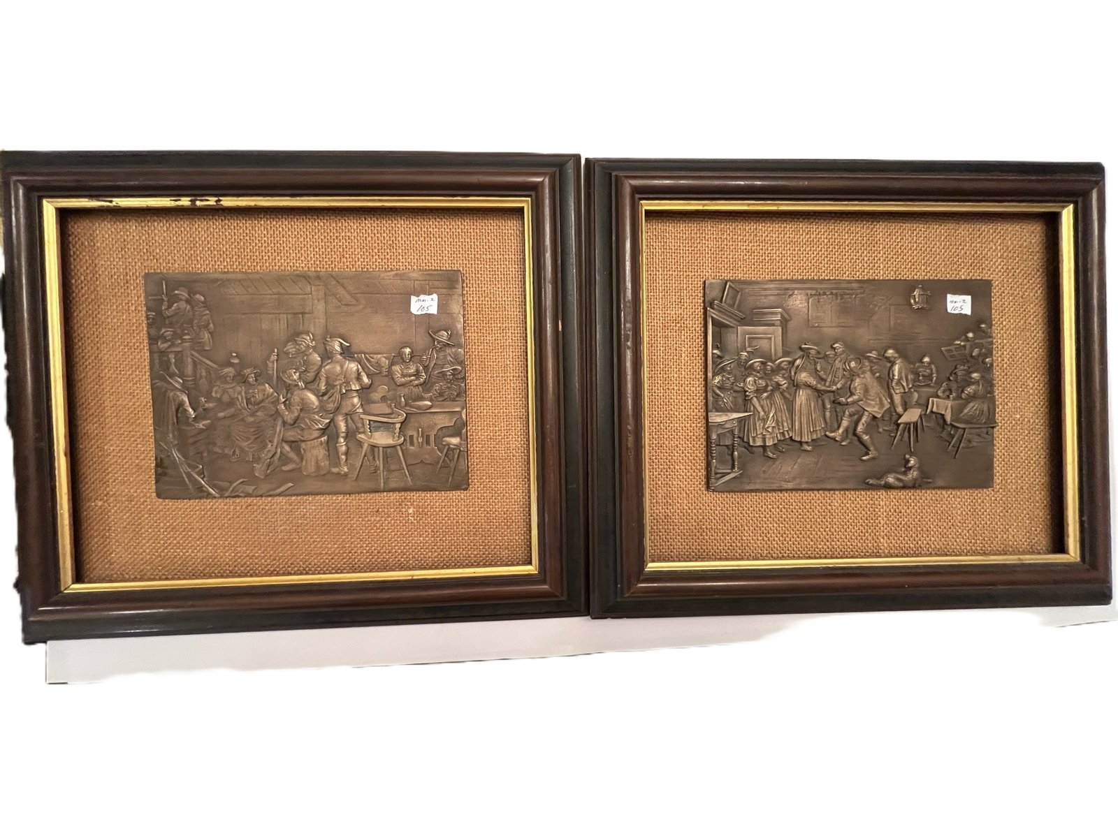 Pair of VTG Reticulated Bronze Tavern Scene 6x8 Plaques, Framed (1 of 3)