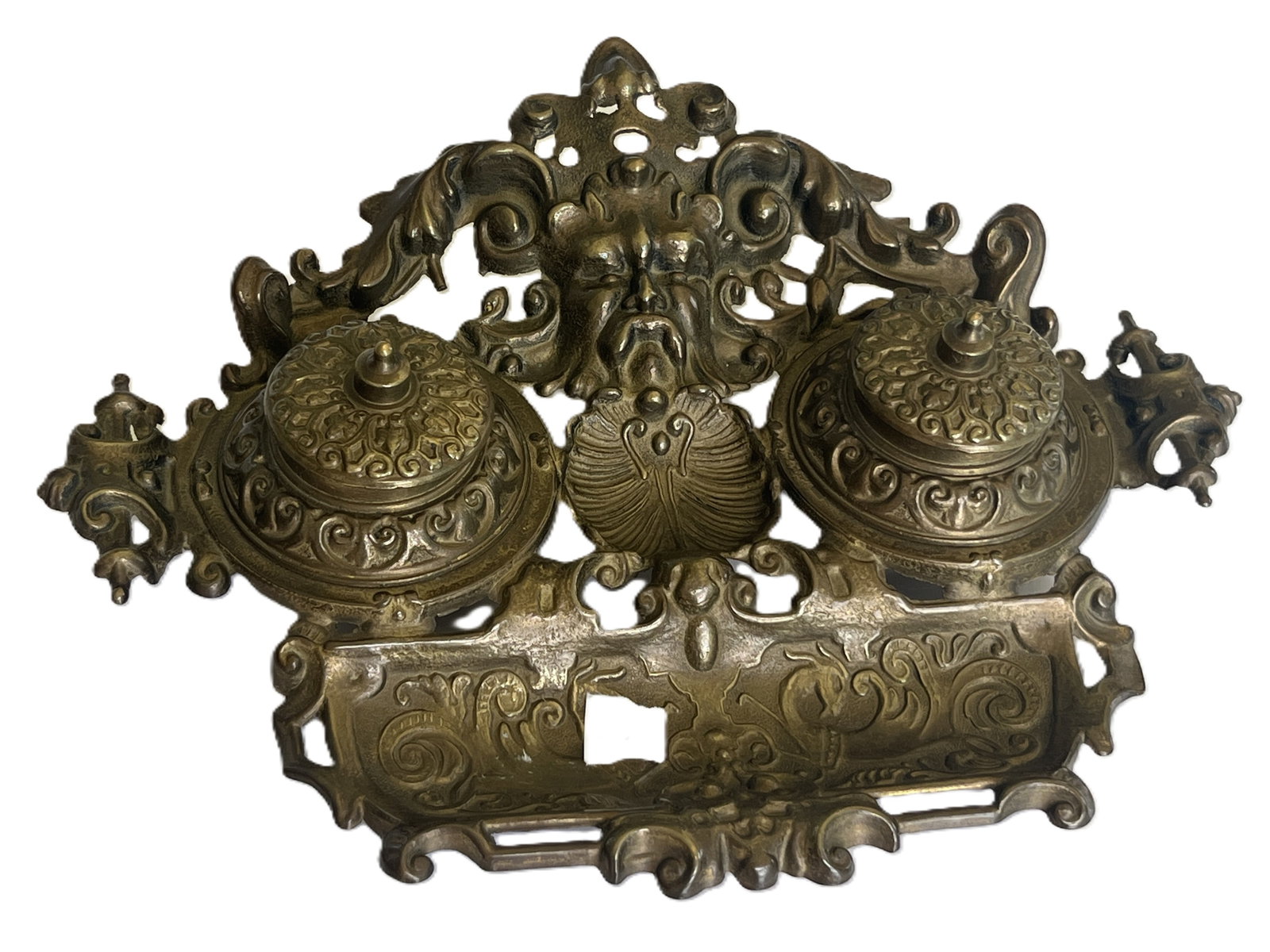 Ornate Brass Double Inkwell – Mask Motif, 19th Century Style (1 of 3)
