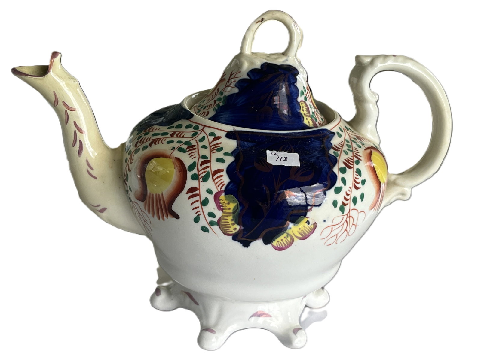 English Gaudy Welsh Teapot – Footed Base, Hand‑Painted, 19th Century (1 of 4)