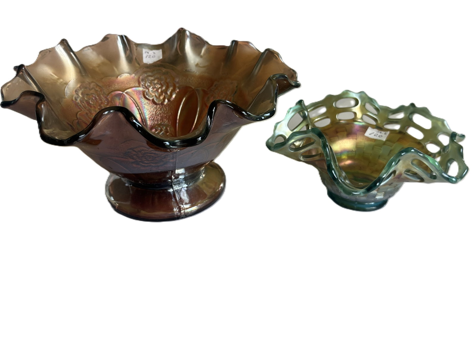 Pair of Carnival Glass Bowls – Iridescent Amber & Aqua, Ruffled Rim Designs (1 of 7)