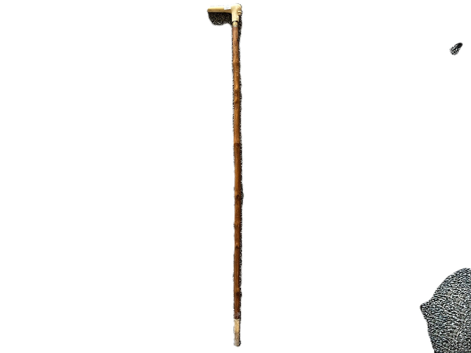 Victorian Carved Bone Handle Walking Stick Cane, 34": A gentleman’s walking cane featuring a carved bone handle topped with a crown and monogram “R B,” suggesting a personalized or commemorative origin. The gilt brass collar adds 