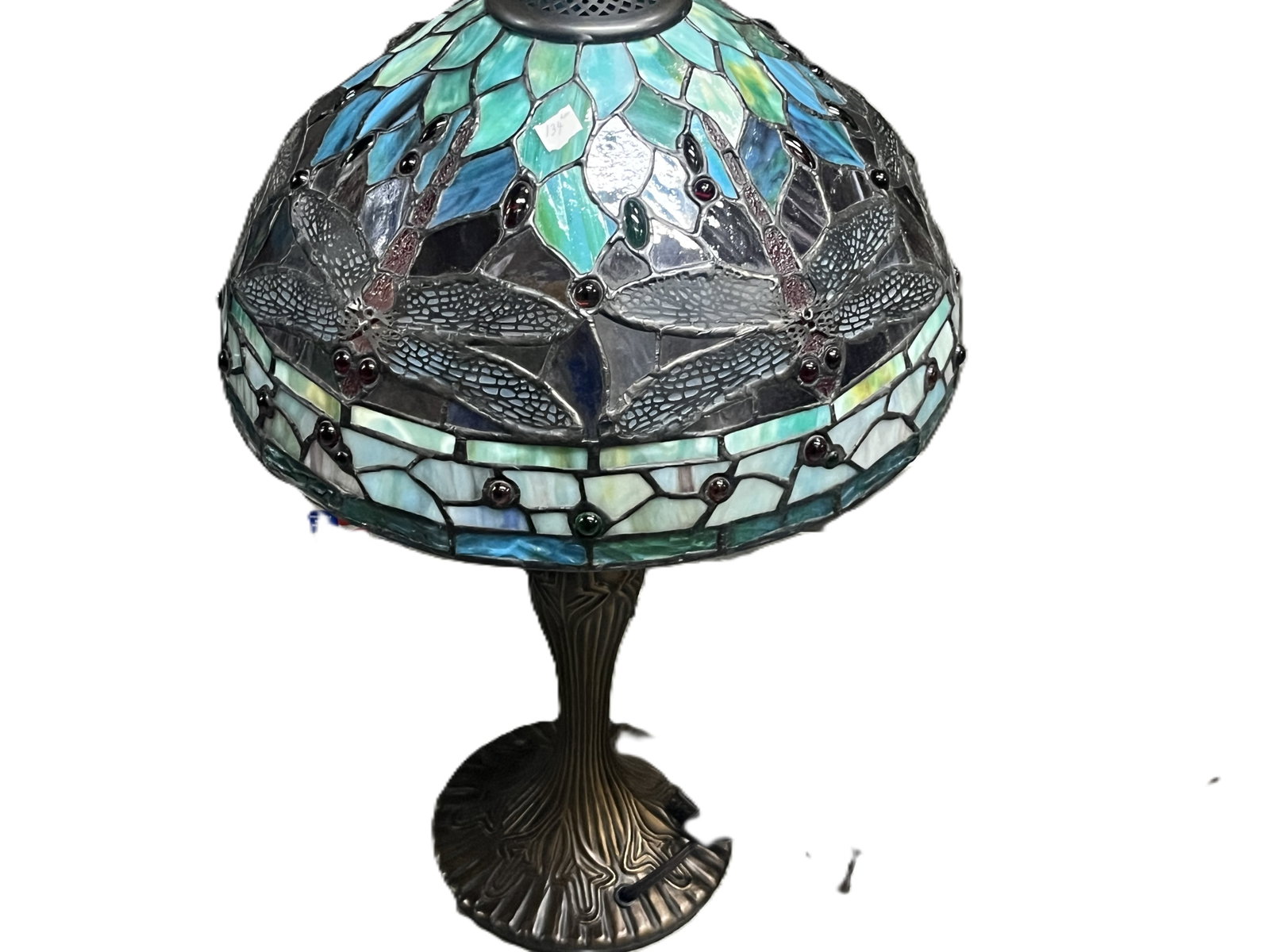 Tiffany‑Style “Dragonfly” Stained Glass Table Lamp — Blue and Green Leaded: A decorative table lamp featuring a Tiffany‑style stained glass shade with a dragonfly motif, composed of hand‑cut pieces of blue, teal, and green glass accented by jewel‑tone caboch