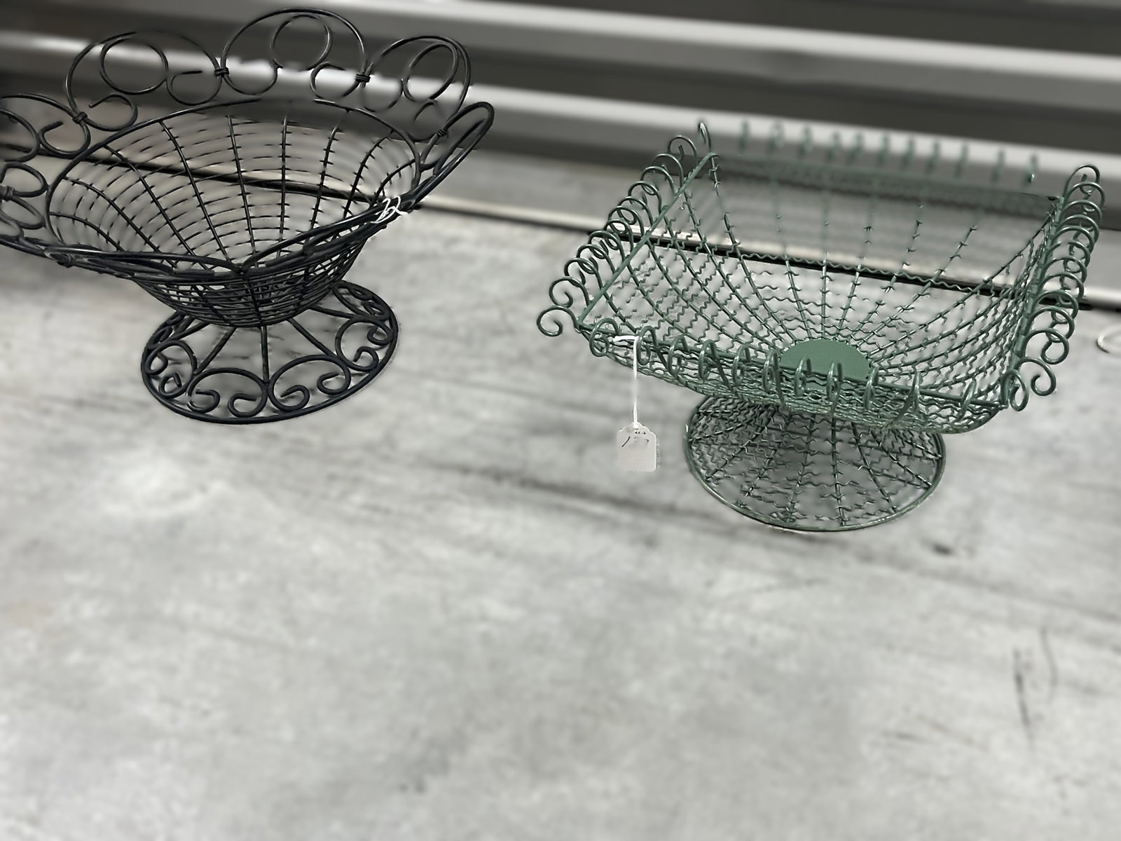 Pair of Decorative Wire Baskets — Black Round and Green Square Pedestal Forms, Mid‑ (1 of 3)