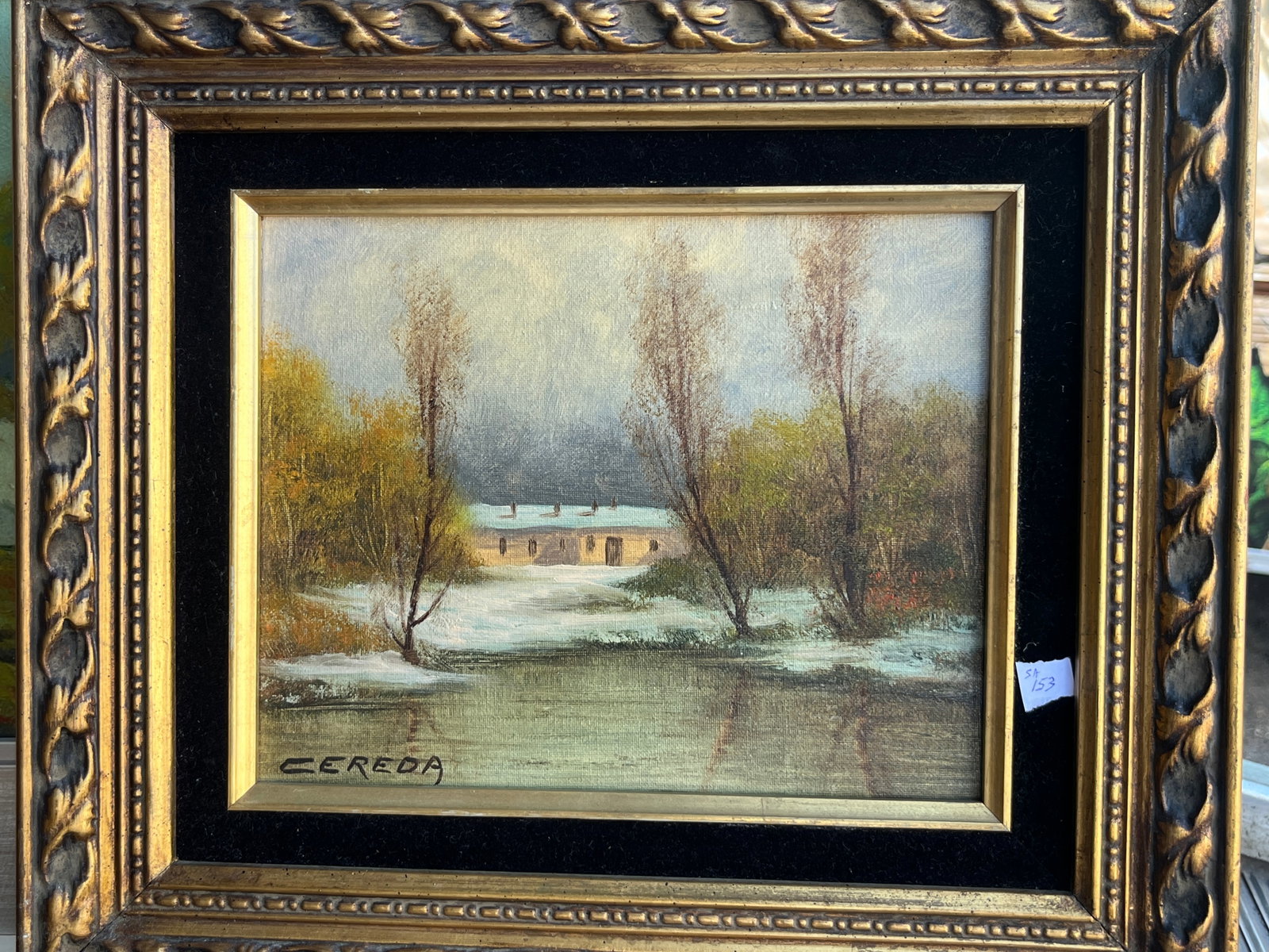 Cereda (20th Century) – Winter Landscape: 8x10. A tranquil winter landscape depicting a snow-covered riverside with tall trees and a distant stone building under a soft gray sky. The artist’s delicate brushwork and muted palette evoke a