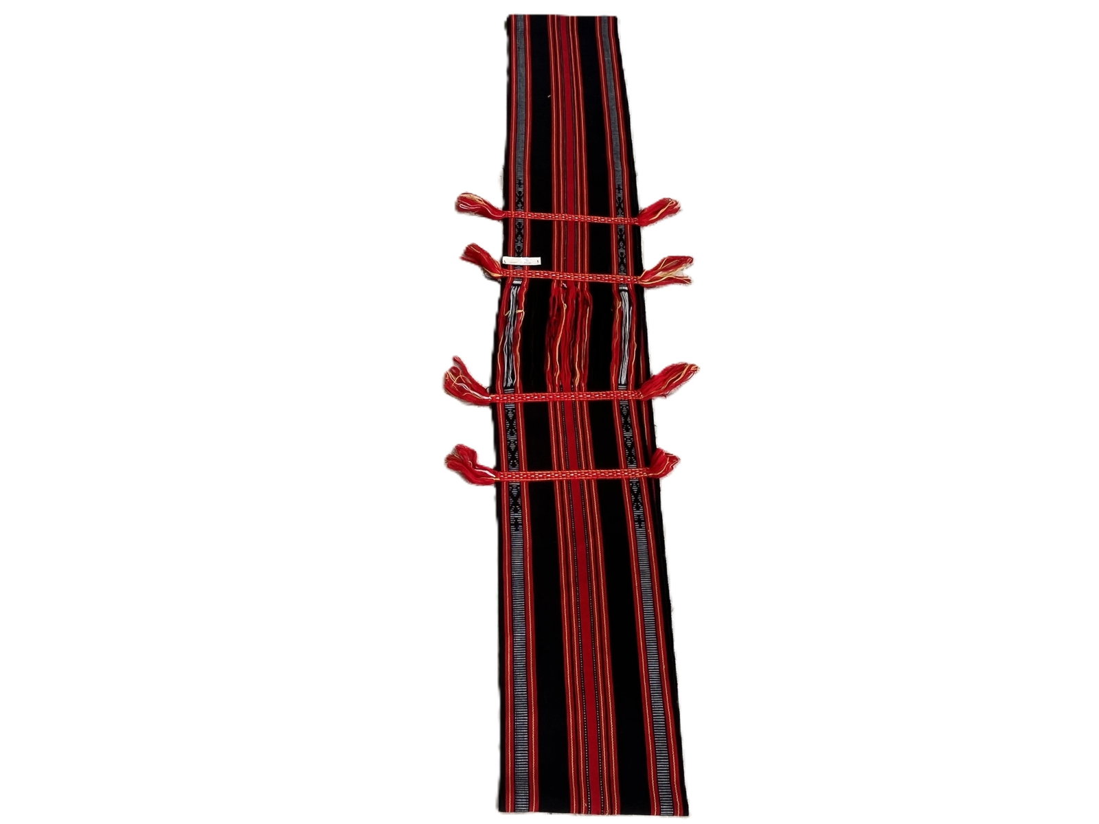 Seminole Handwoven Textile Sash / Dance Belt: A traditional Seminole handwoven textile sash featuring bold horizontal striping in red, black, yellow, and white. Constructed as a continuous loop, this style is associated with ceremonial and dance 