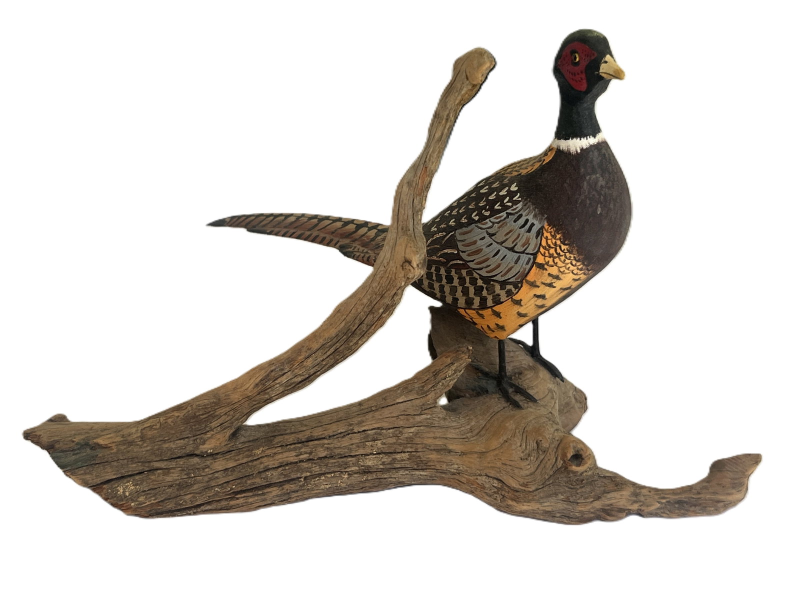 Hand-Carved & Painted Pheasant Sculpture on Driftwood (1 of 3)