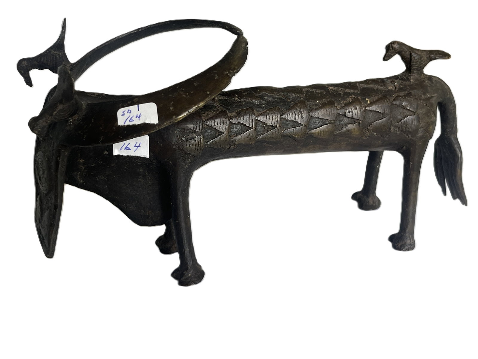 “Antique African Cast Bronze Water Buffalo Sculpture with Rider Birds, Tribal Decorative (1 of 5)