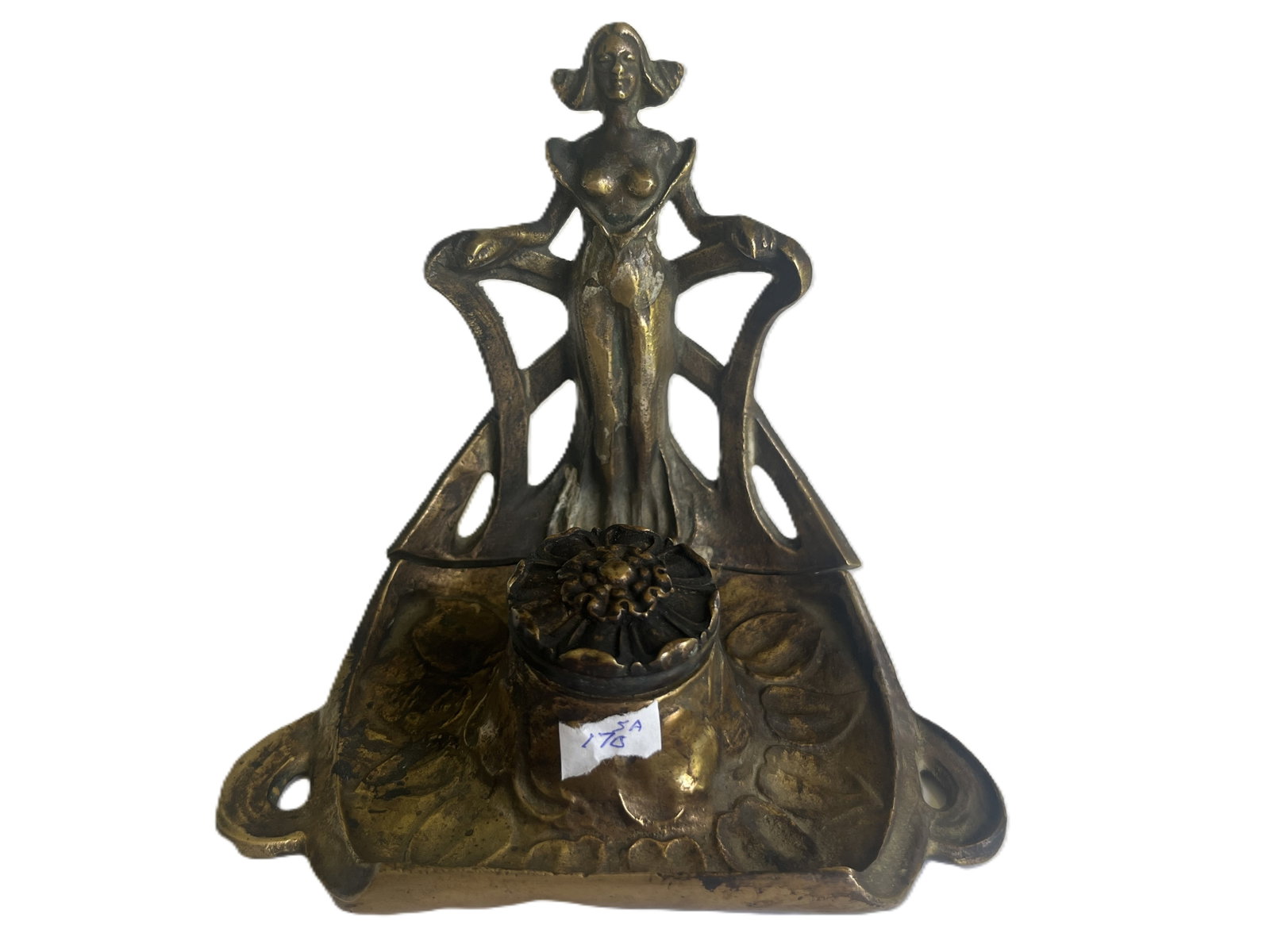 Art Nouveau Bronze Art Nouveau Bronze Figural InkElegant early 20th‑century Art Nouveau: Art Nouveau Bronze Art Nouveau Bronze Figural InkElegant early 20th‑century Art Nouveau cast‑bronze inkwell featuring a stylized female figure with flowing drapery forming the back and sid