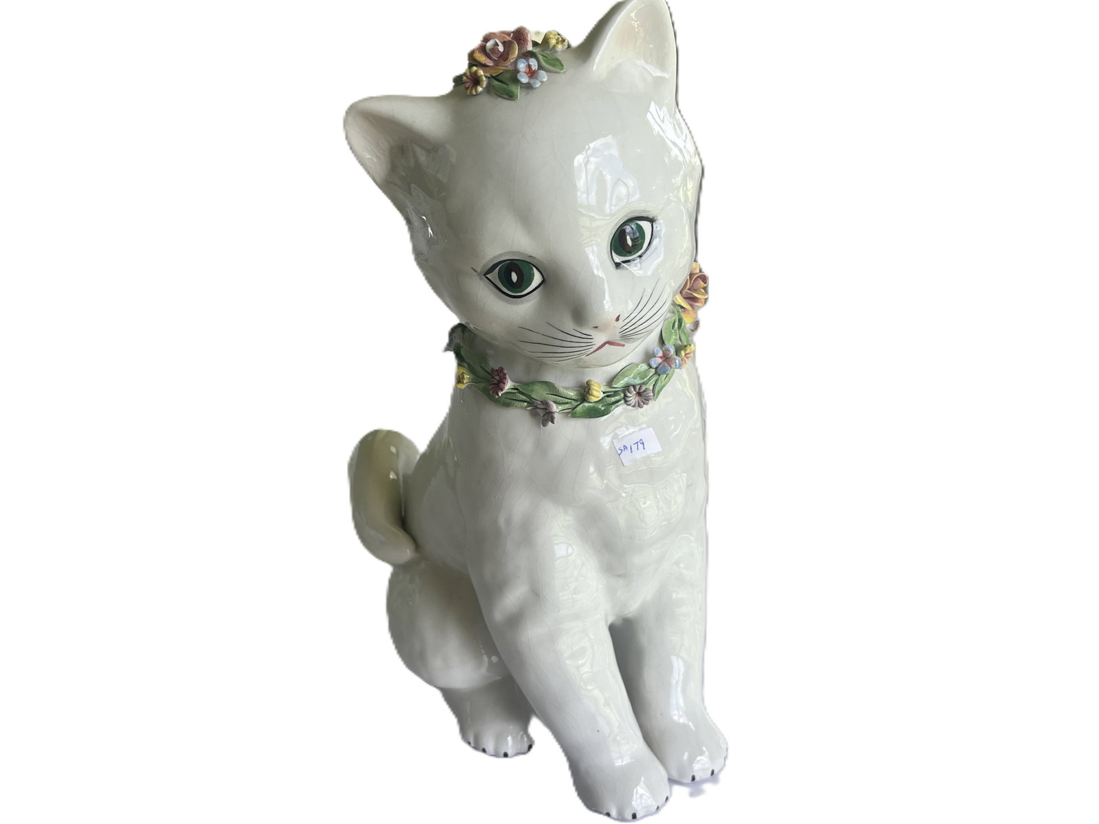 Hand‑Painted Porcelain Cat Figurine w/ Floral Garland, 12.5" (1 of 3)