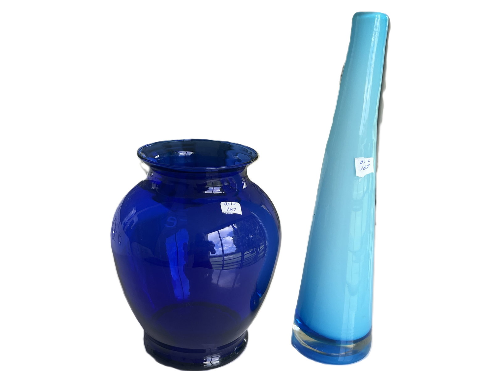 Pair of Blue Art Glass Vases — Cobalt Bulbous and Aqua Tapered Forms, Late 20th  (1 of 2)
