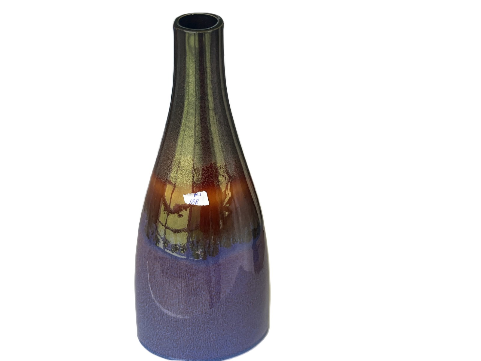 Studio Art Pottery Vase — Indigo to Olive Drip Glaze, Late 20th Century: A tall, tapered studio pottery vase featuring a rich indigo‑to‑olive drip glaze that transitions smoothly from deep cobalt at the base through plum and chestnut to green at the neck. The f