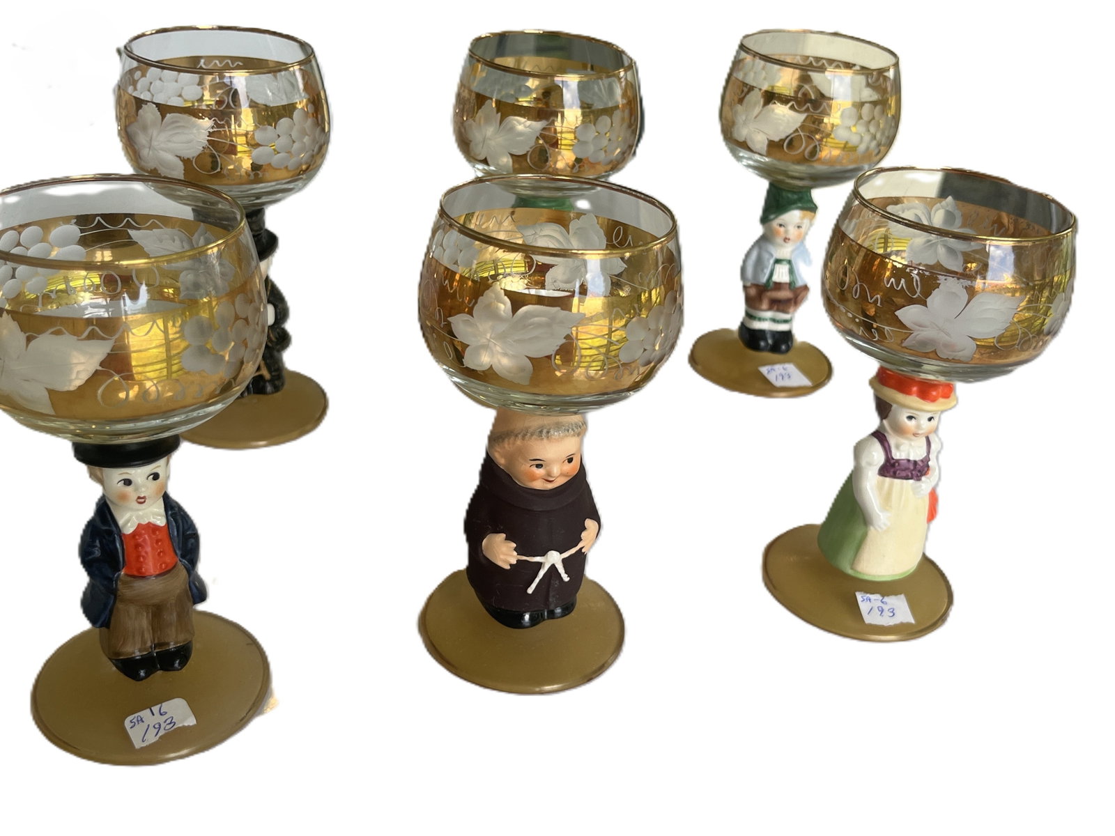 Set of 6 Vintage Figural Stem Goblets with Gilt Floral Etching (1 of 5)