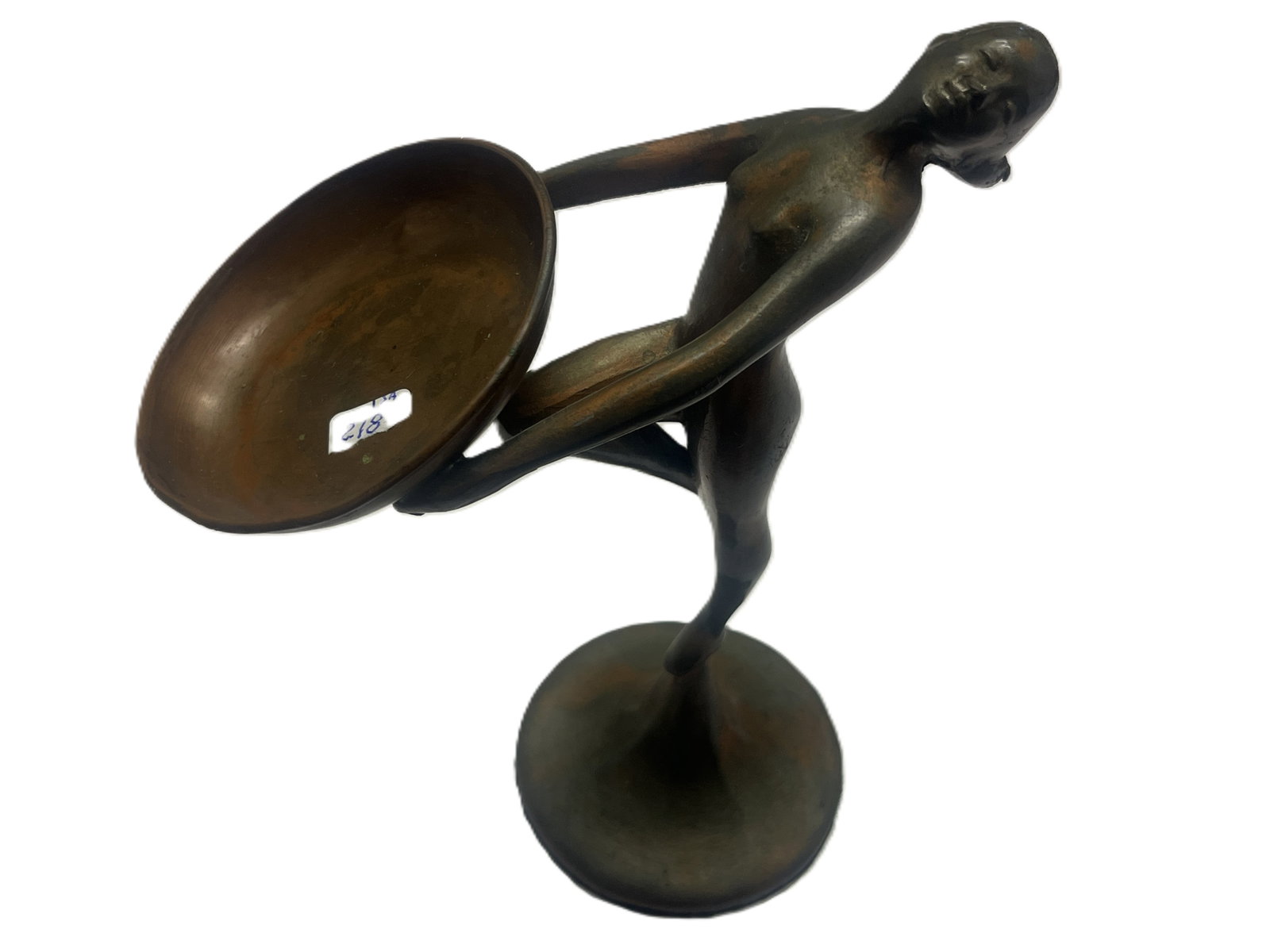 Art Deco Style Pewter Figural Nude with Copper Dish, 10H (Solder Repair to Dish) (1 of 5)