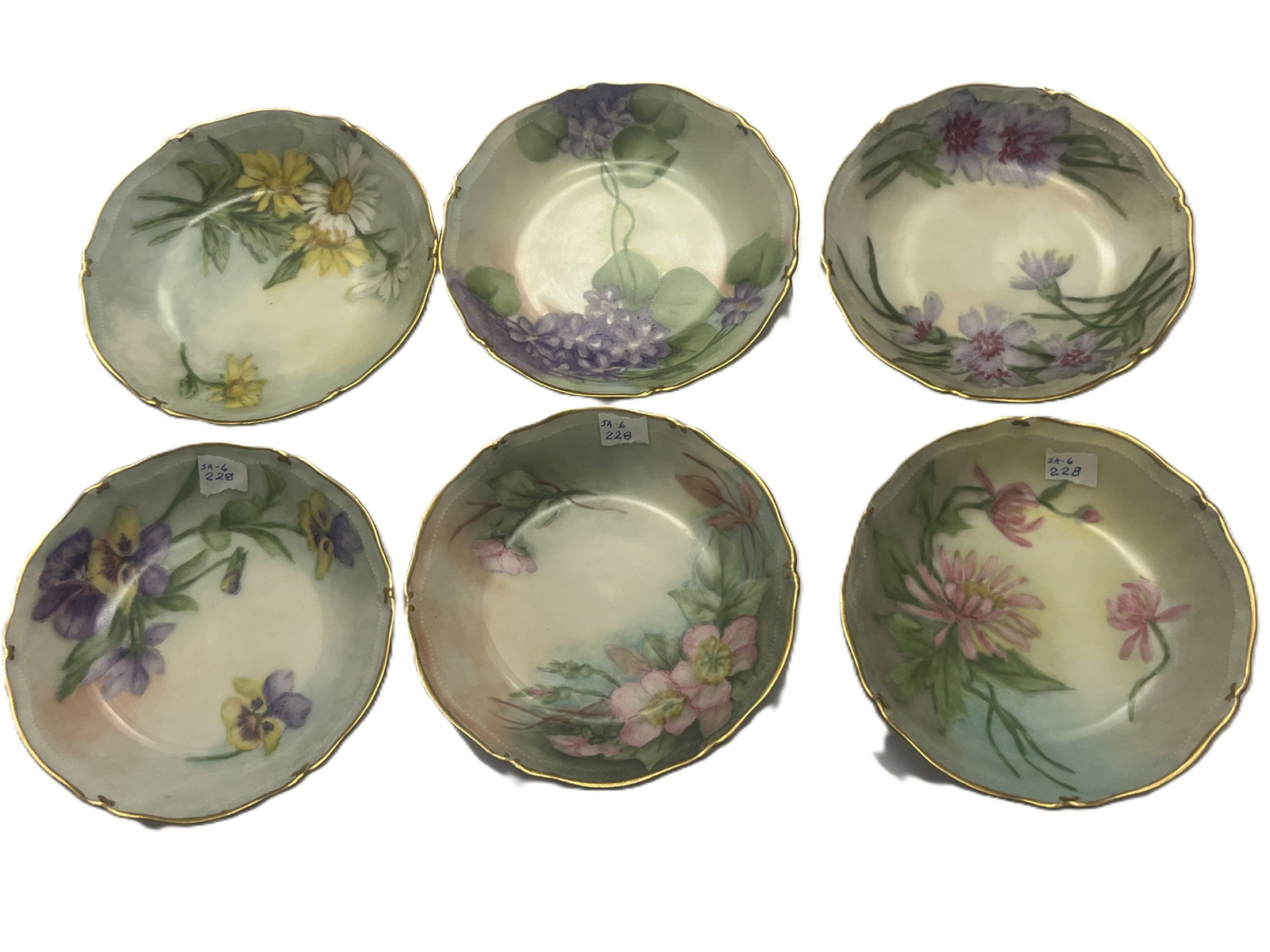 Set of Six New Palissy Limoges Hand-Painted Floral Berry Bowls, 5.25 in. (1 of 3)