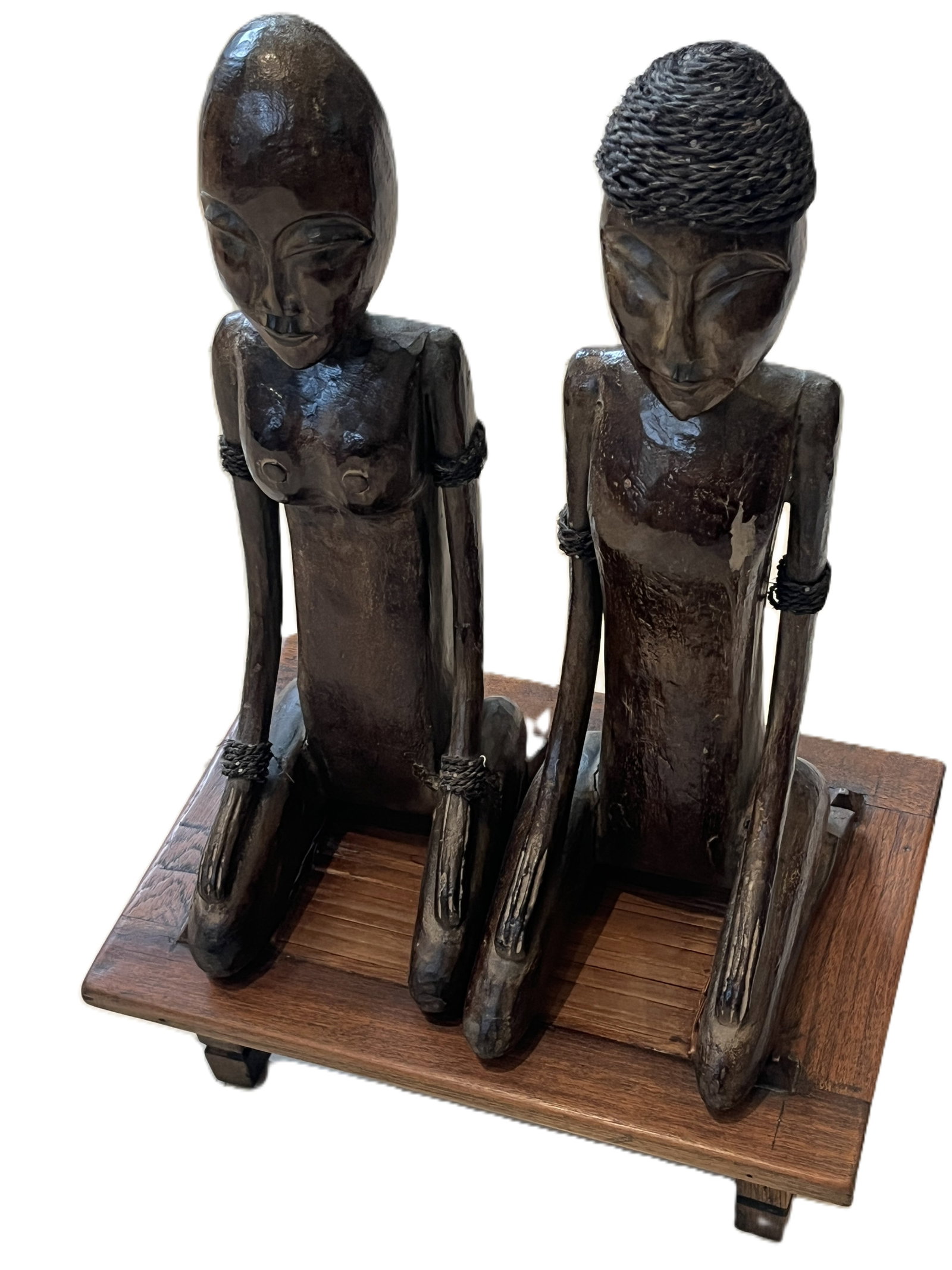 African Hand‑Carved Kneeling Couple Sculpture on Wooden Platform (1 of 7)