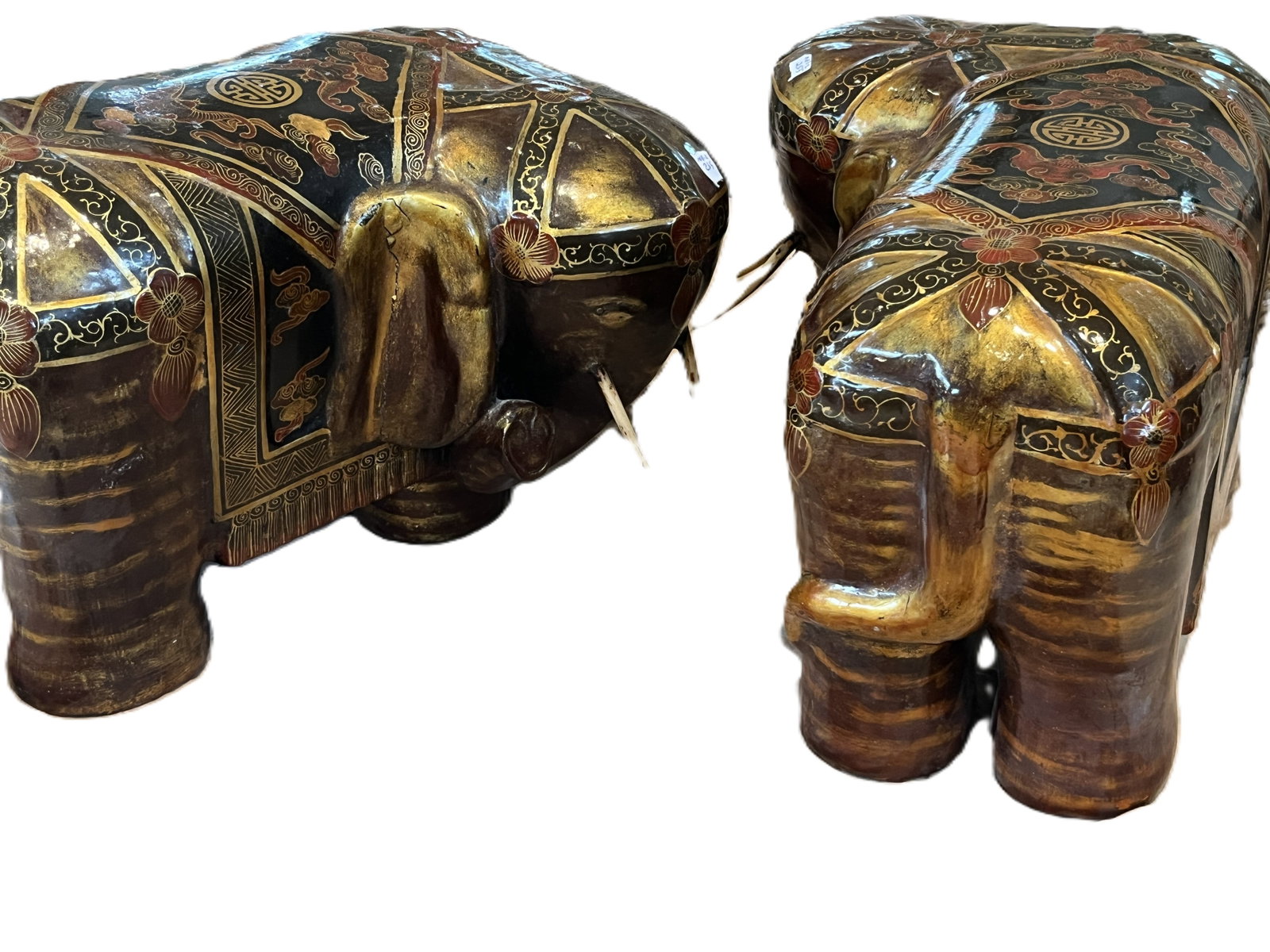 Pair of Hand‑Painted Lacquered Elephant Sculptures, Southeast Asia (1 of 3)