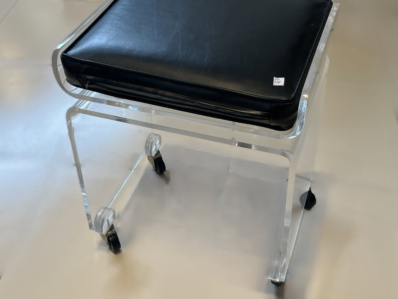 Lucite Rolling Vanity Stool or Ottoman with Black Vinyl Cushion (1 of 3)