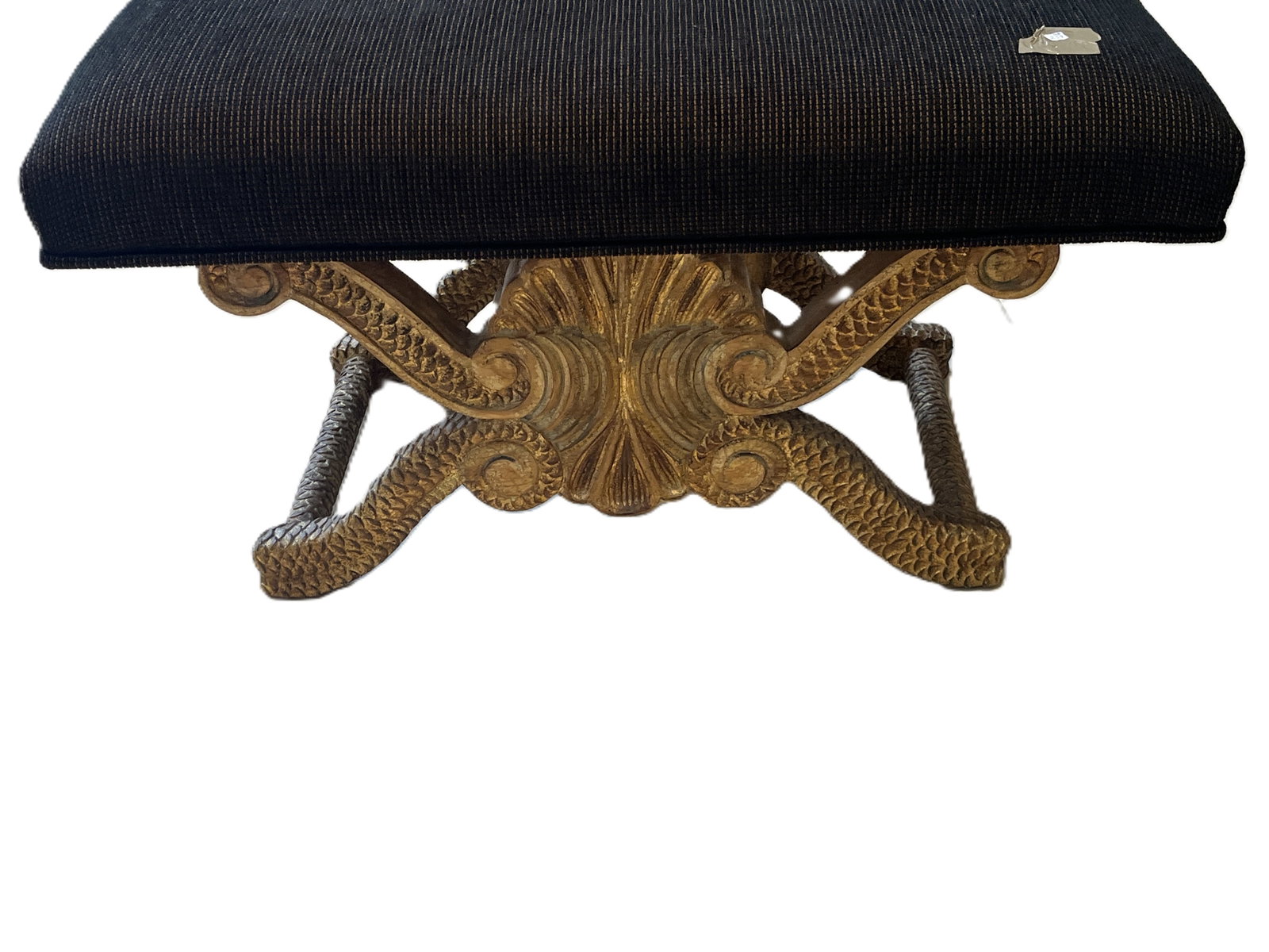 Vintage Giltwood Shell‑Motif Bench with Black Upholstered Seat. (1 of 4)