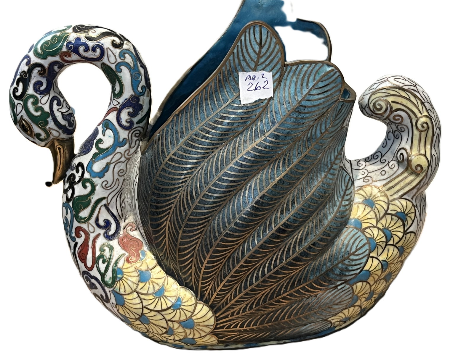 Pair of Chinese Cloisonné Enamel Swan Vessels: A finely matched pair of cloisonné enamel swan-form vessels, each beautifully detailed with multicolored scrolling motifs and feather patterns outlined in gilt. The bodies feature rich hues of turquo