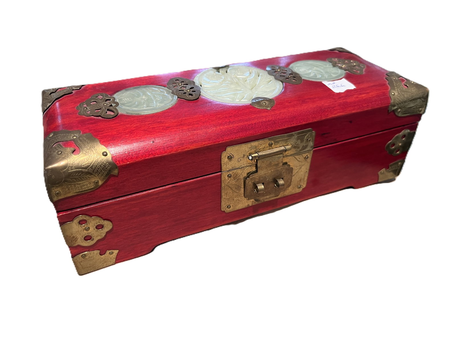 Chinese Red Lacquer Jewelry Chest with Jade Medallions and Brass Mounts (1 of 3)