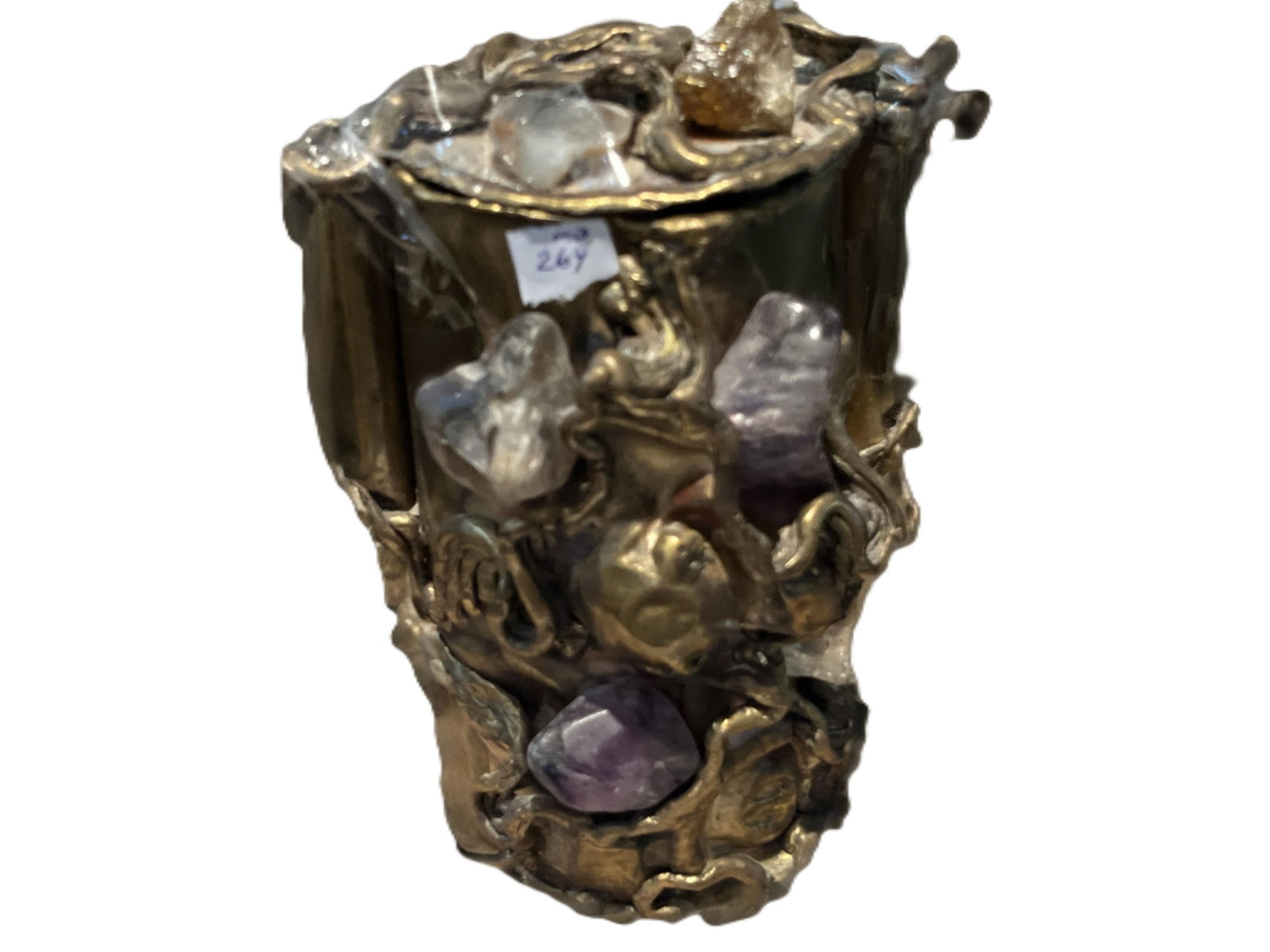 Contemporary Brutalist Mixed-Media Bronze Tone Vessel with Quartz & Amethyst, 7 in. (1 of 3)