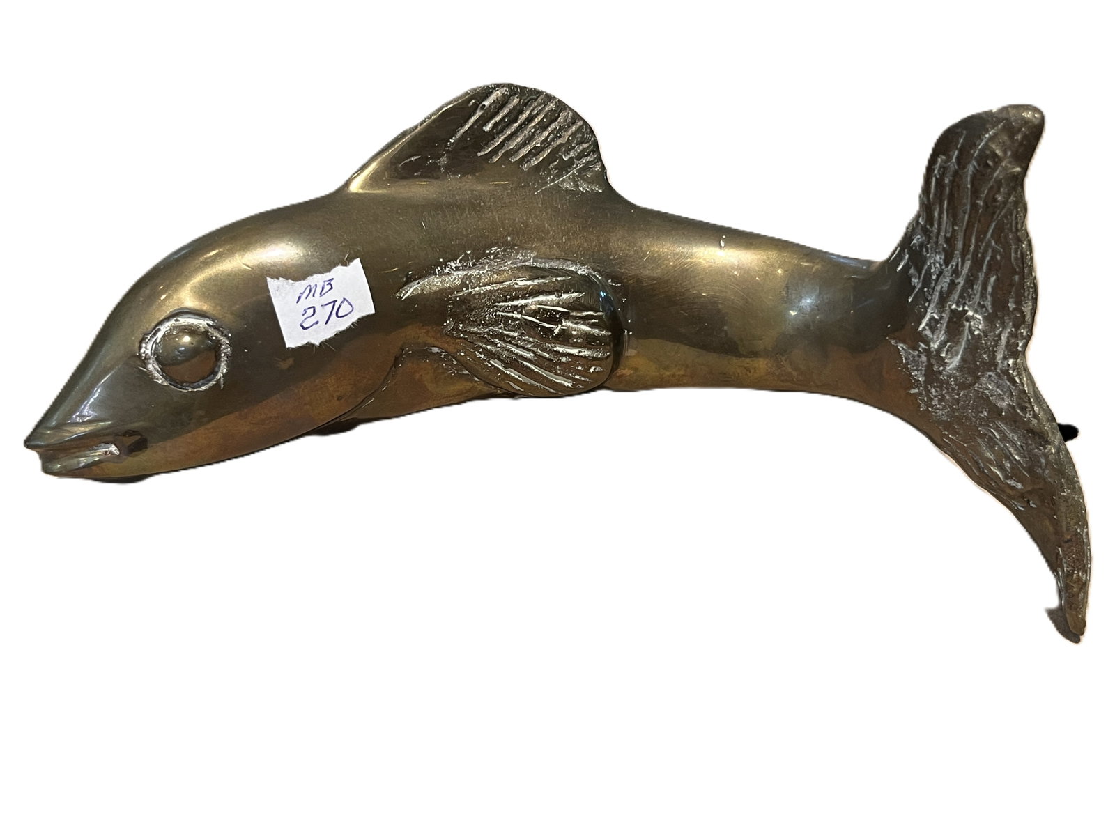 Solid Brass Dolphin Sculpture Figurine, 7.25 in.: Decorative solid brass dolphin sculpture featuring a stylized swimming form with detailed fins, tail, and facial features. Finished in a warm polished brass tone with sculptural lines that capture the