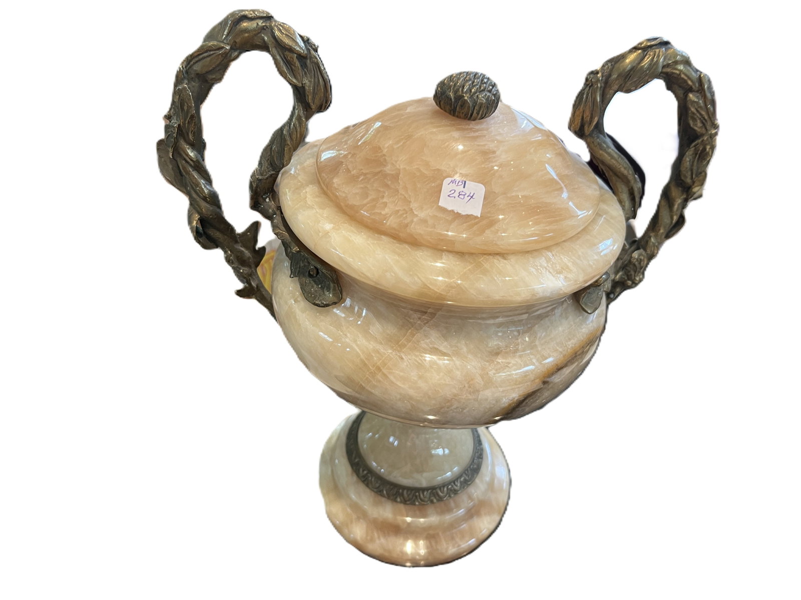 Vintage Solid Onyx Urn with Bronze Mounts, 12"H×11"W×7"D - 2