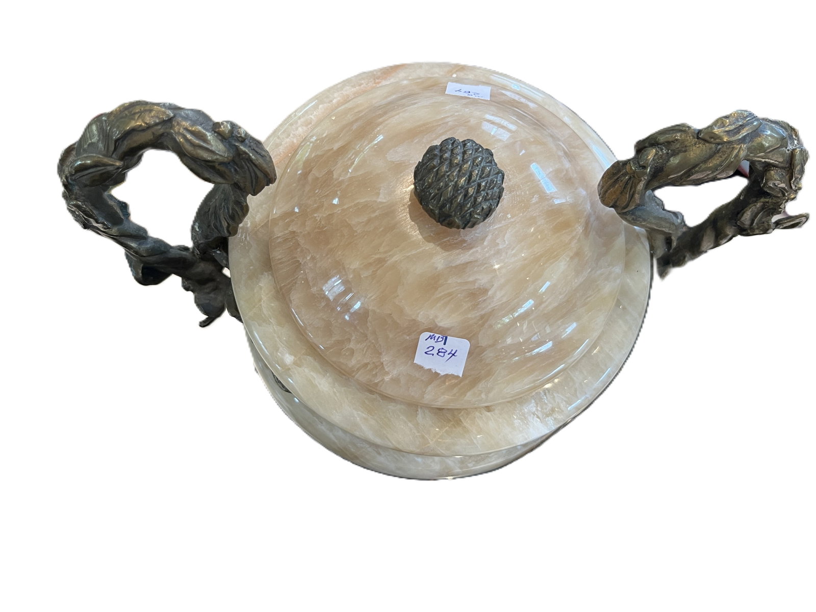 Vintage Solid Onyx Urn with Bronze Mounts, 12"H×11"W×7"D - 3