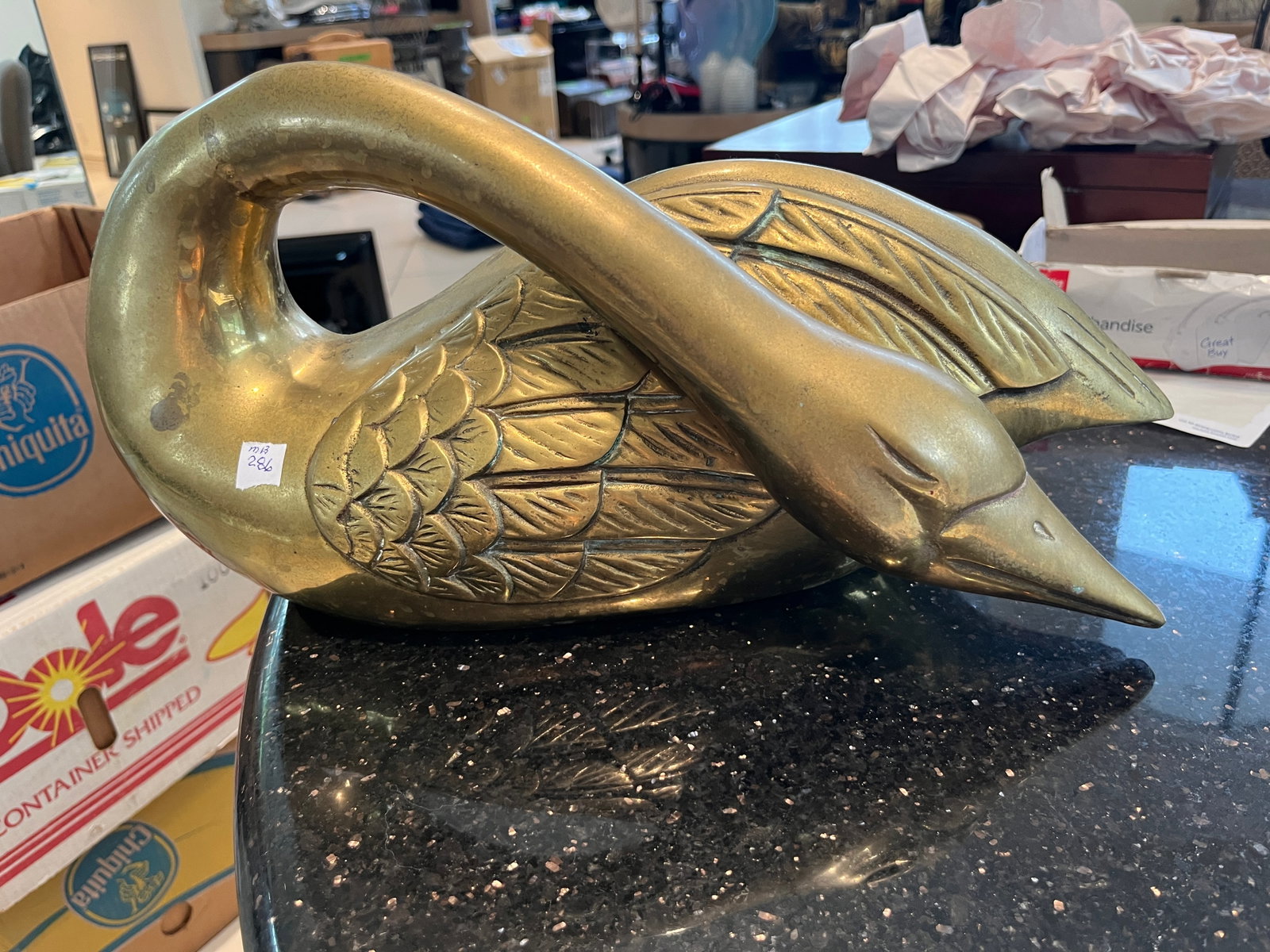 Vintage MCM Heavy Large Solid Brass Bent Neck Swan: Vintage MCM Heavy Large Solid Brass Bent Neck Swan, 8h x 16w x 7d