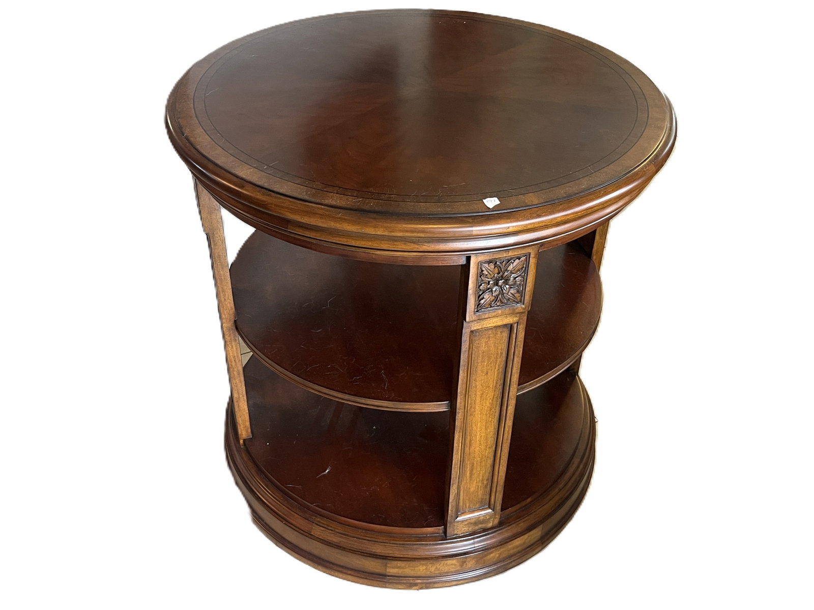 Ethan Allen Round Mahogany Accent Table with Glass Top and Carved Floral Panels, 28″ (1 of 5)