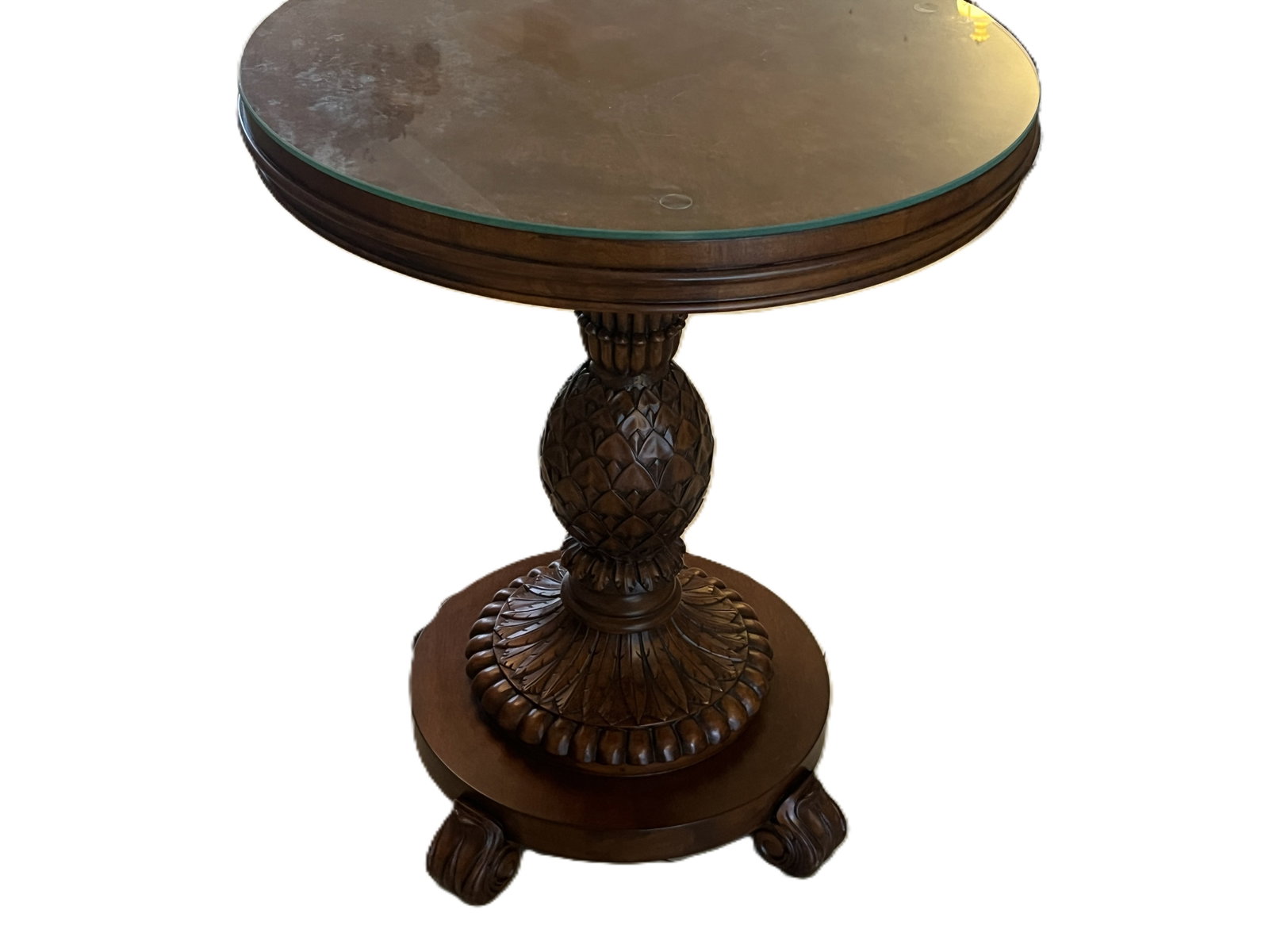 Ethan Allen Carved Mahogany Pineapple Pedestal Table with Glass Top, 27″ H × (1 of 3)