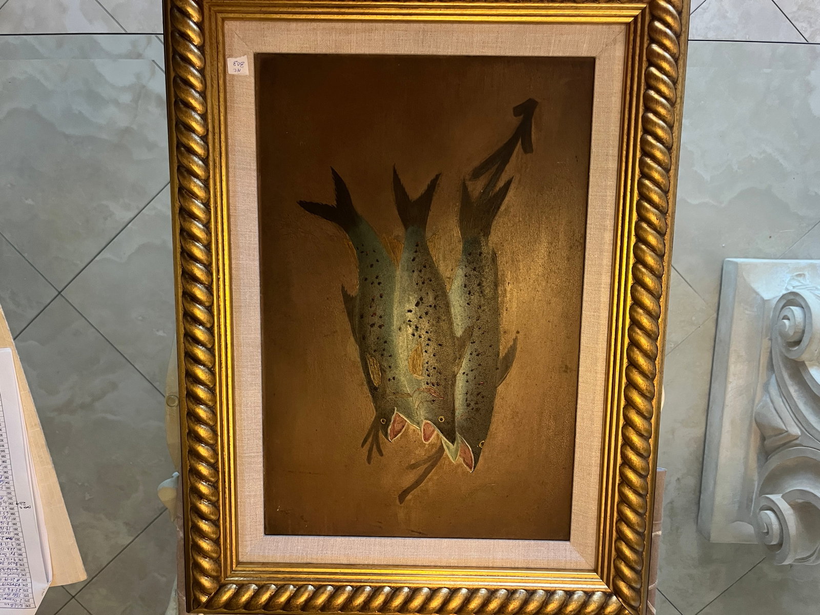 Unsigned Folk Art Catfish Oil Painting on Panel, Gilt Frame, Frame 23 in. H x 17.5 in. W (1 of 2)