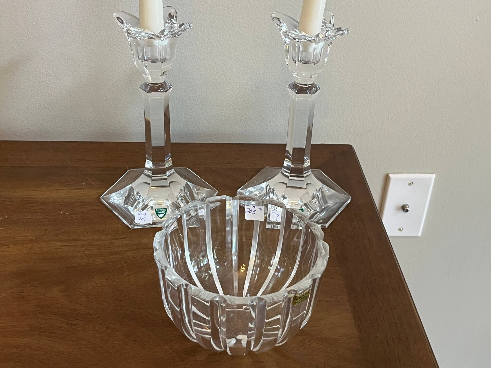 Three-Piece Orrefors Swedish Crystal Group, Pair Candlesticks & Bowl (1 of 3)