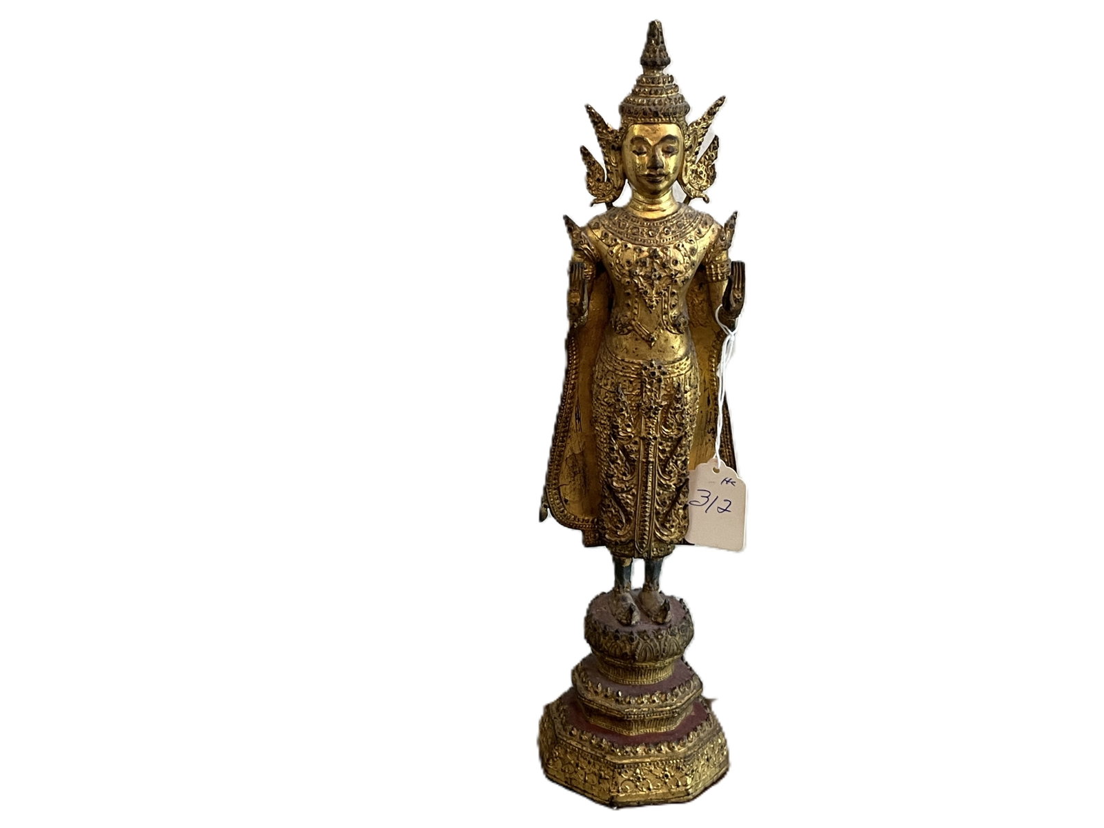 Thai or Burmese Style Gilt Standing Deity Figure on Tiered Lotus Base, 13.5"H: Decorative Southeast Asian-style standing deity or celestial figure featuring an ornate tiered crown, elaborate jewelry, and richly detailed robes. The figure stands atop a multi-tiered lotus-form ped