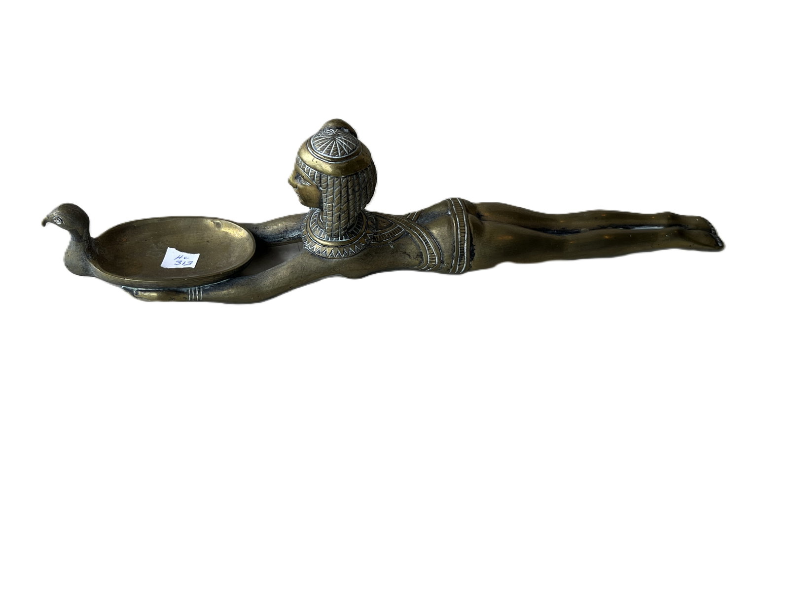 Vintage Egyptian Revival Bronze Figural Lady Offering Tray, 3.25 in. H x 14 in. L x 2 in. W (1 of 3)
