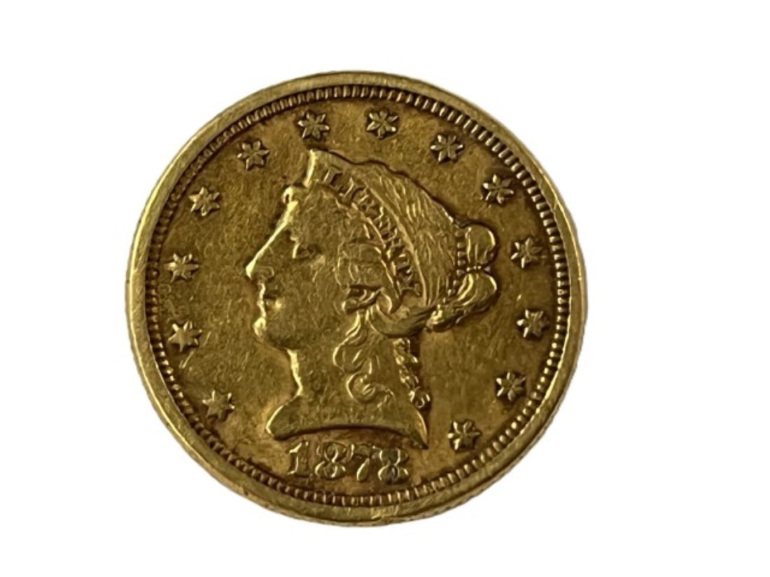 1878 U.S. Liberty Head Quarter Eagle Gold Coin ($2½) – Philadelphia Mint: A fine example of the 1878 Liberty Head Quarter Eagle, struck in .900 fine gold with a face value of $2.50. The obverse features Liberty facing left, wearing a coronet inscribed LIBERTY, surrounded by