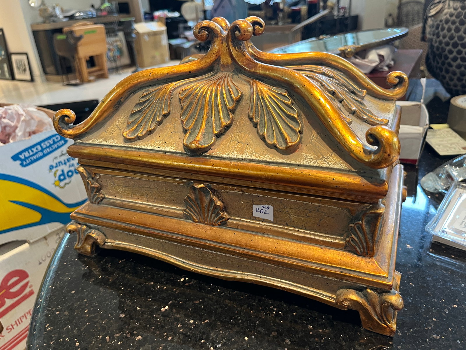 Vintage Ornate Gilt Decorative Box with Shell Motif Lid ? Velvet?Lined Lid & Base, 9???12???8?in: A richly detailed vintage gilt decorative box featuring an elaborate raised shell and scroll motif on the domed lid. The exterior displays a warm gold finish with aged patina and crackle texture, enha