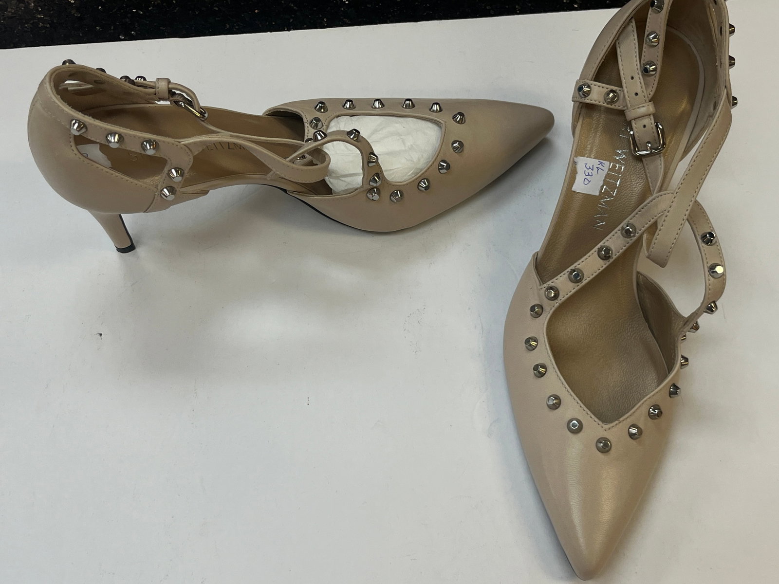 Stuart Weitzman Studded Nude Leather Heels, Made in Spain size approx. 7.5 (1 of 3)